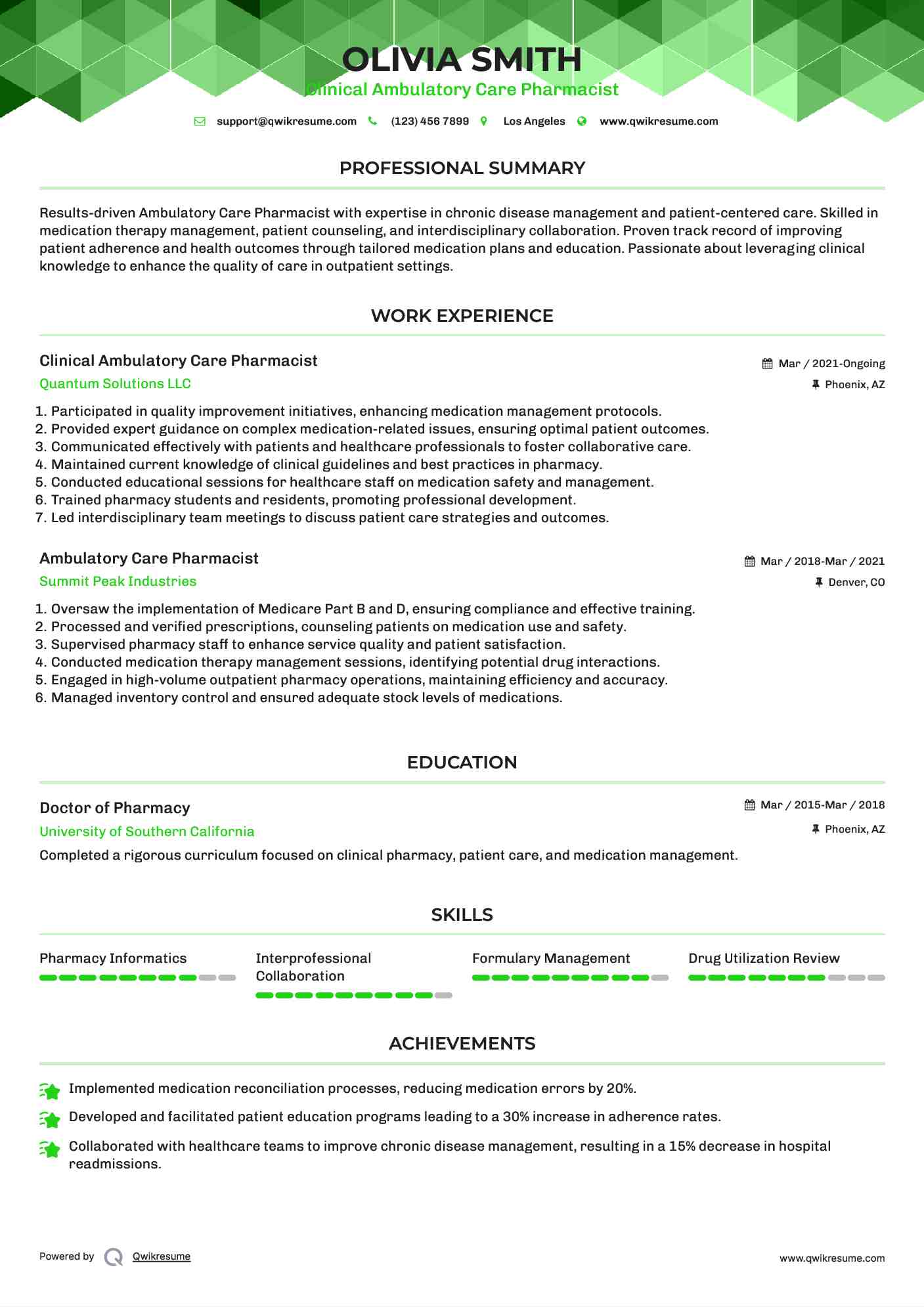 Clinical Ambulatory Care Pharmacist Resume Example