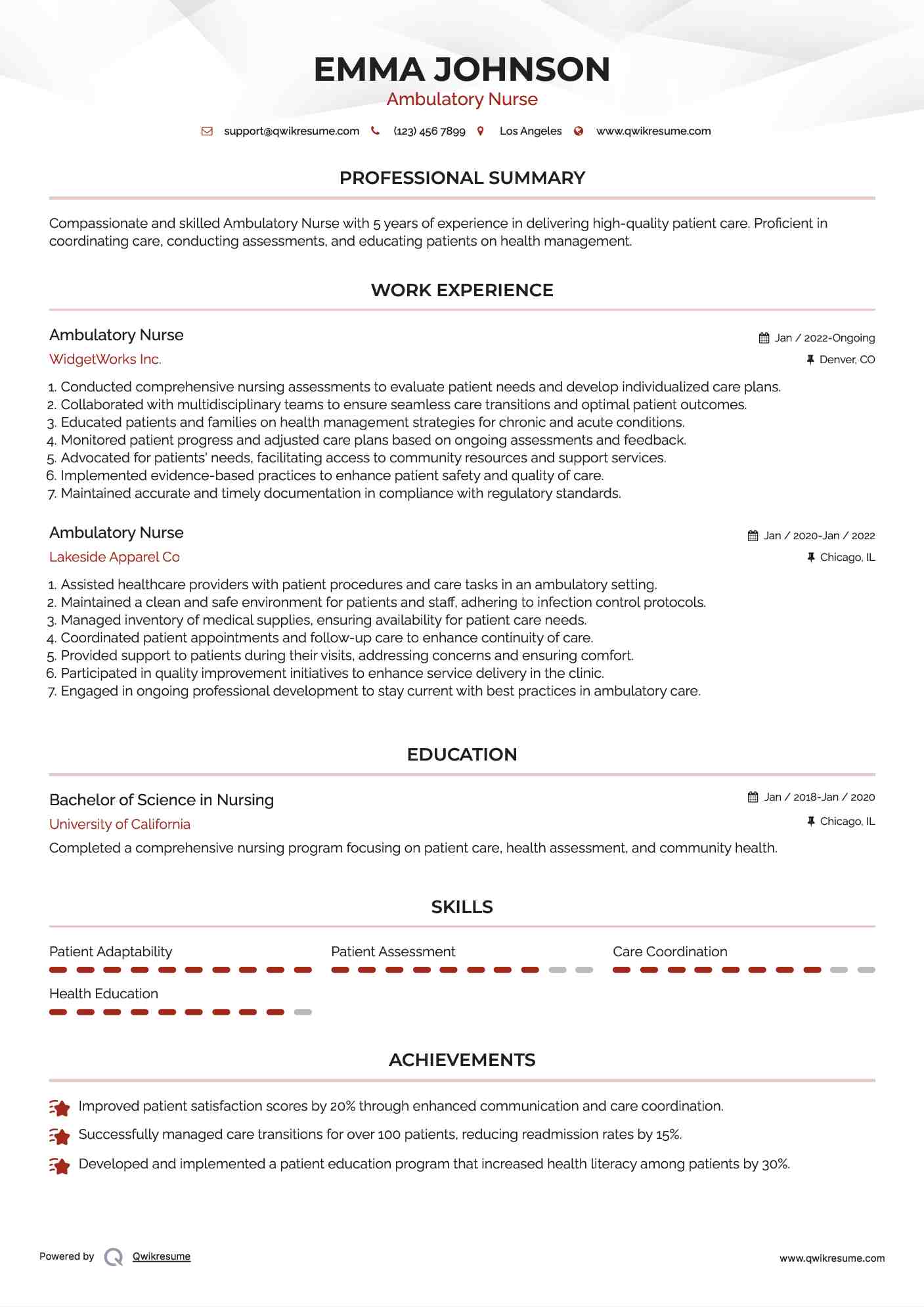 Ambulatory Nurse Resume Template