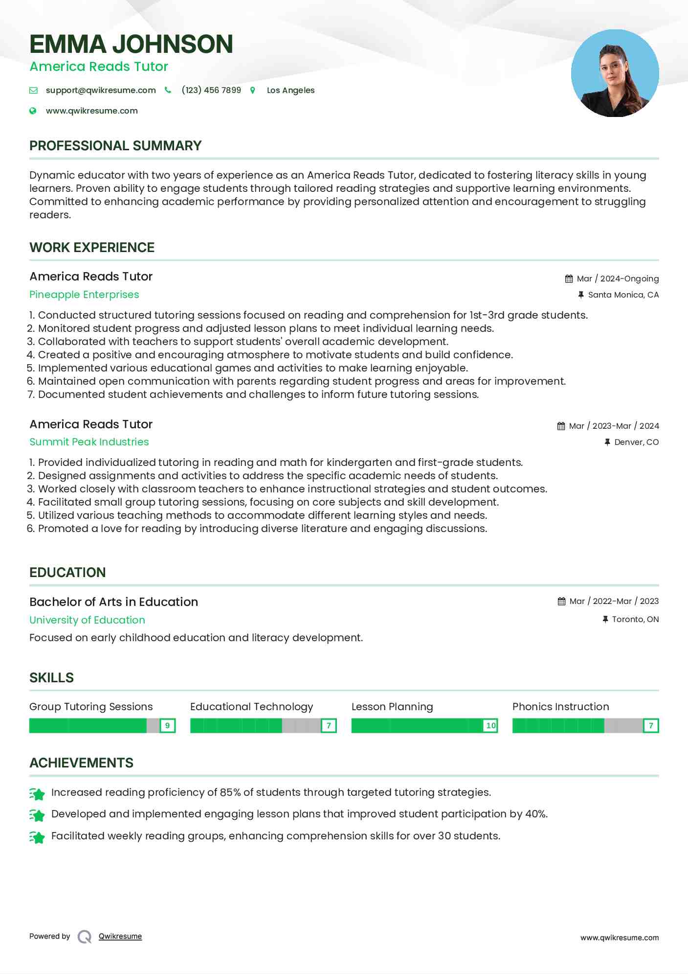 America Reads Tutor Resume Template
