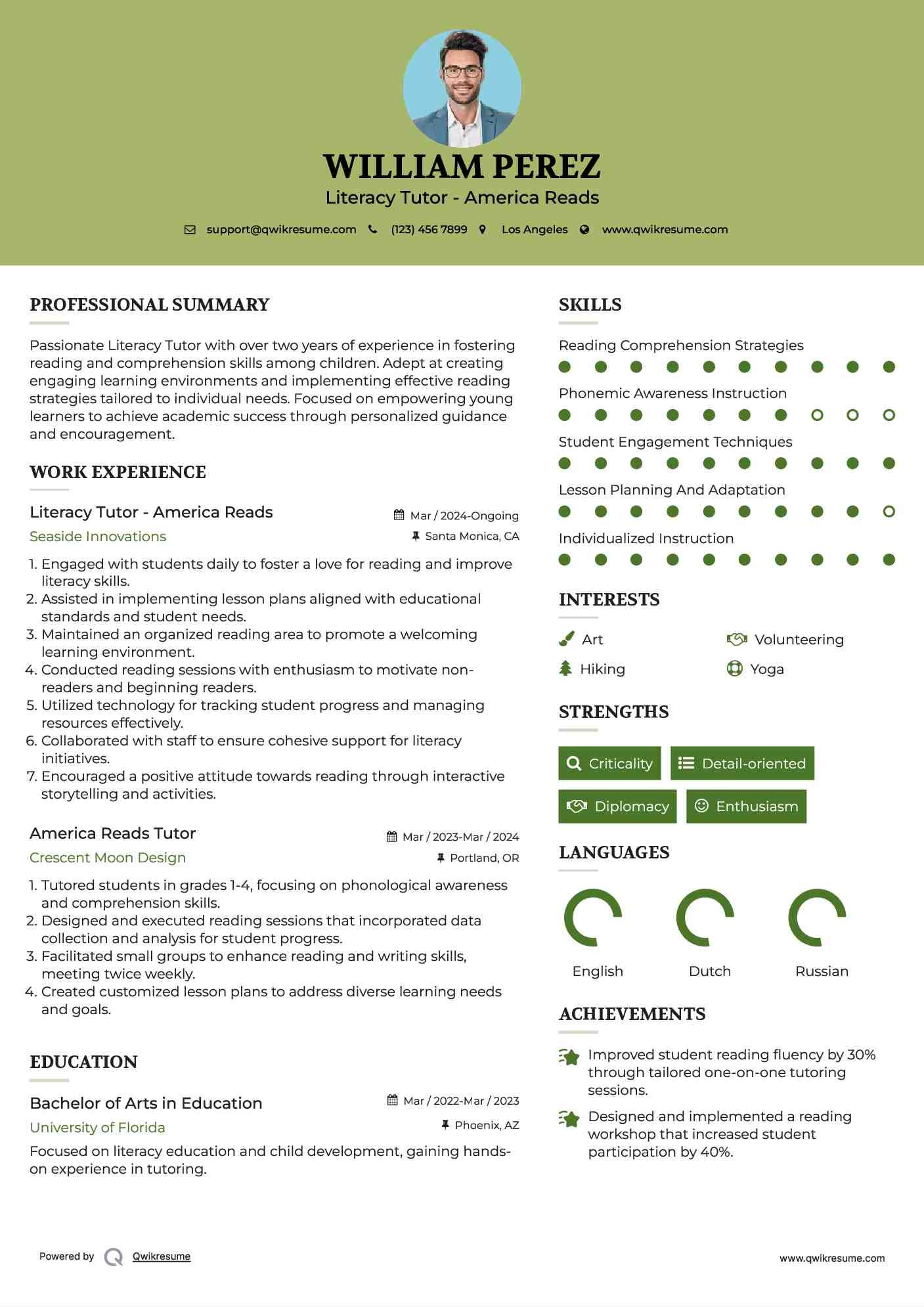 Literacy Tutor - America Reads Resume Format