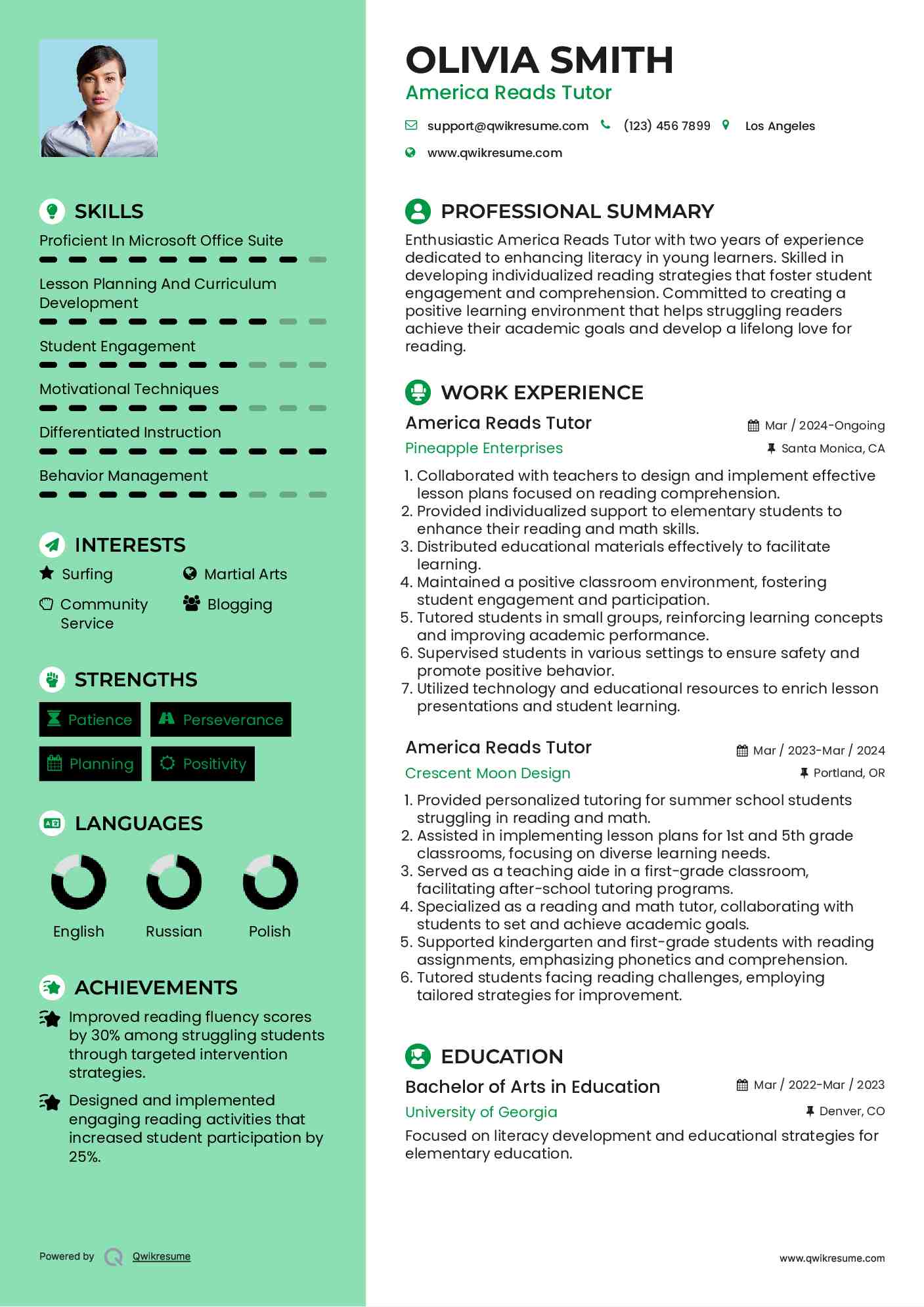 America Reads Tutor Resume Sample