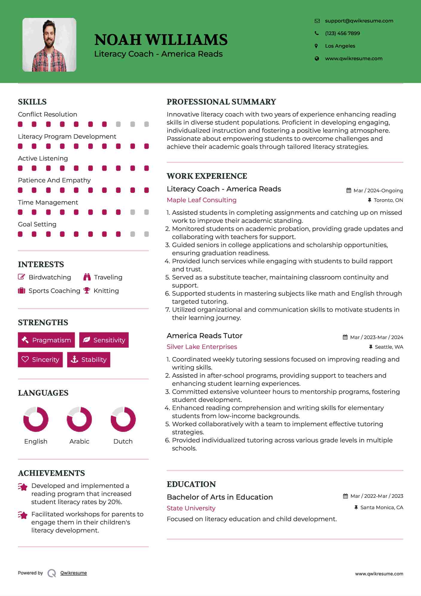 Literacy Coach - America Reads Resume Example