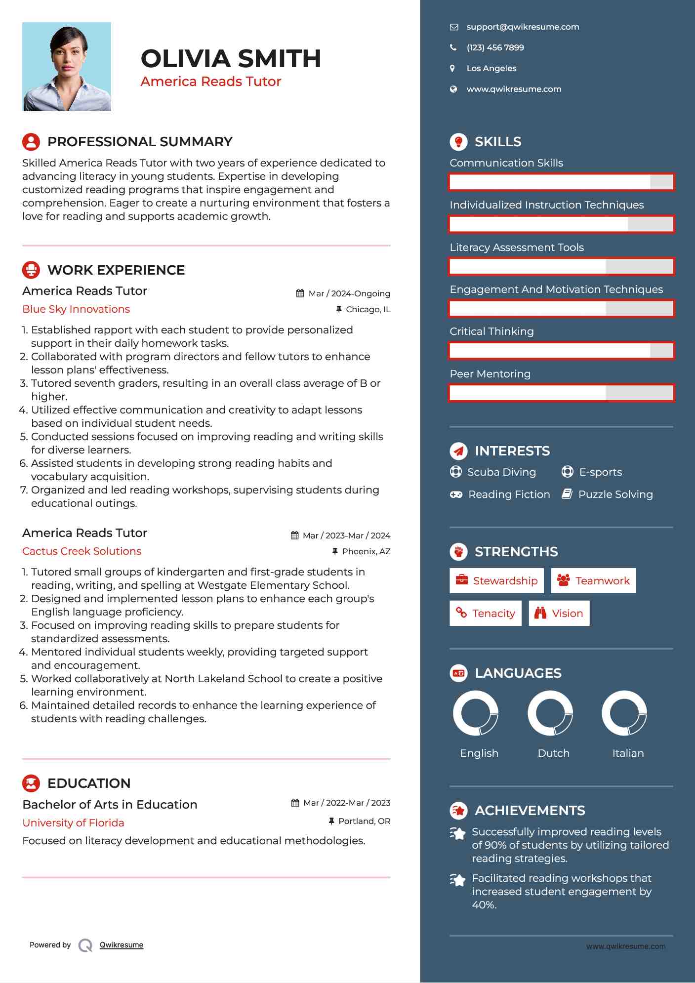 America Reads Tutor Resume Model