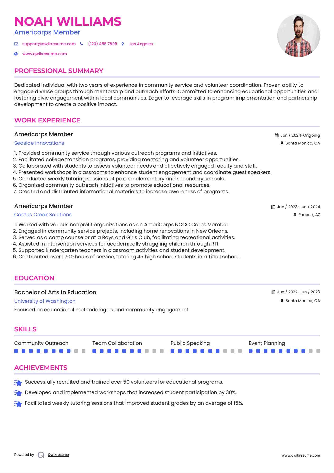 Americorps Member Resume Sample