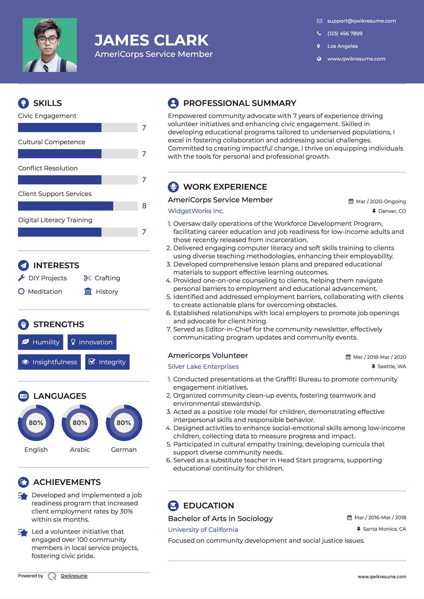 AmeriCorps Service Member Resume Example