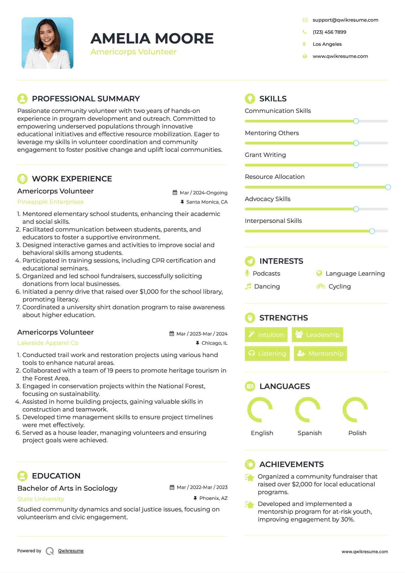 Americorps Volunteer Resume Model