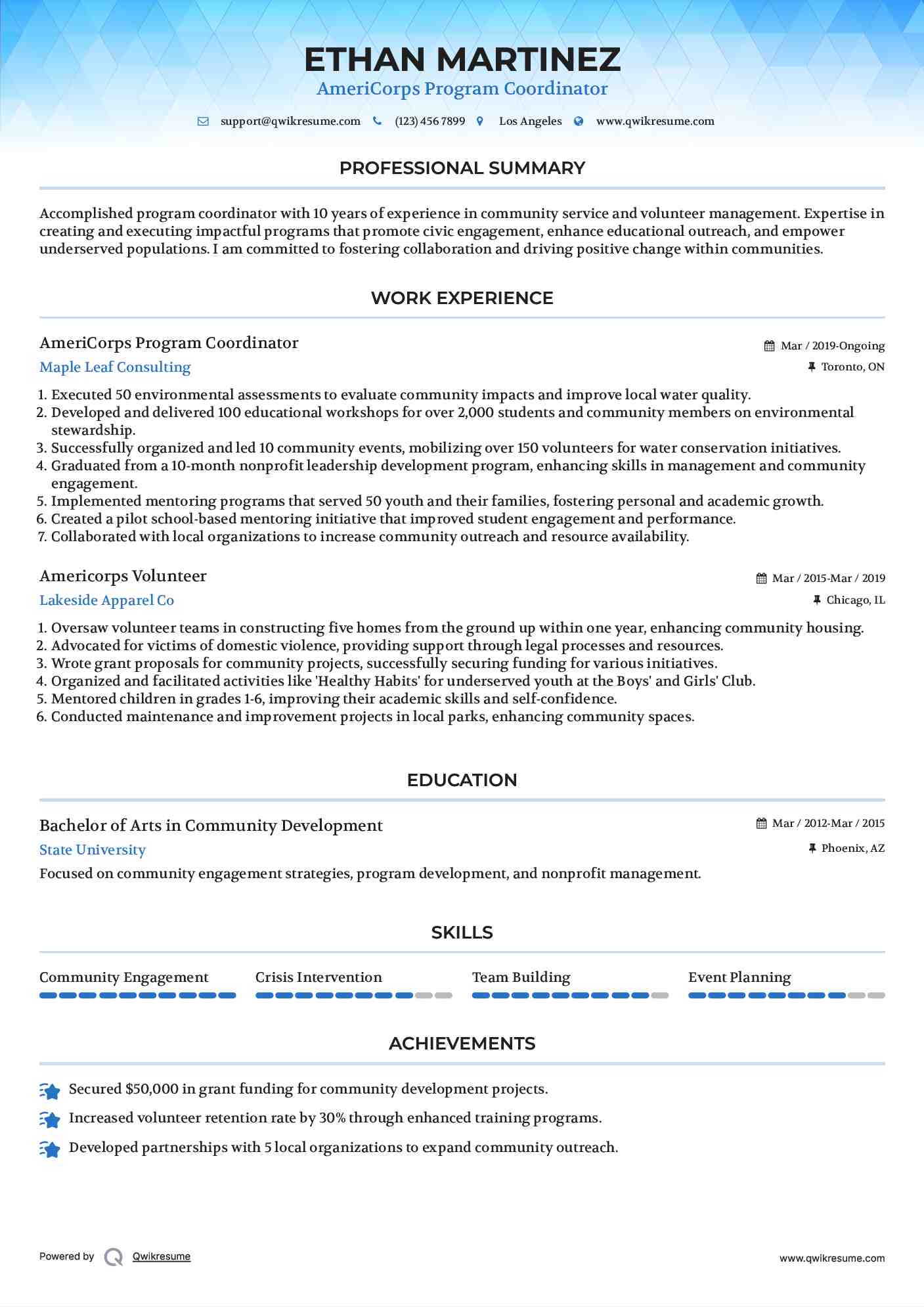 AmeriCorps Program Coordinator Resume Sample