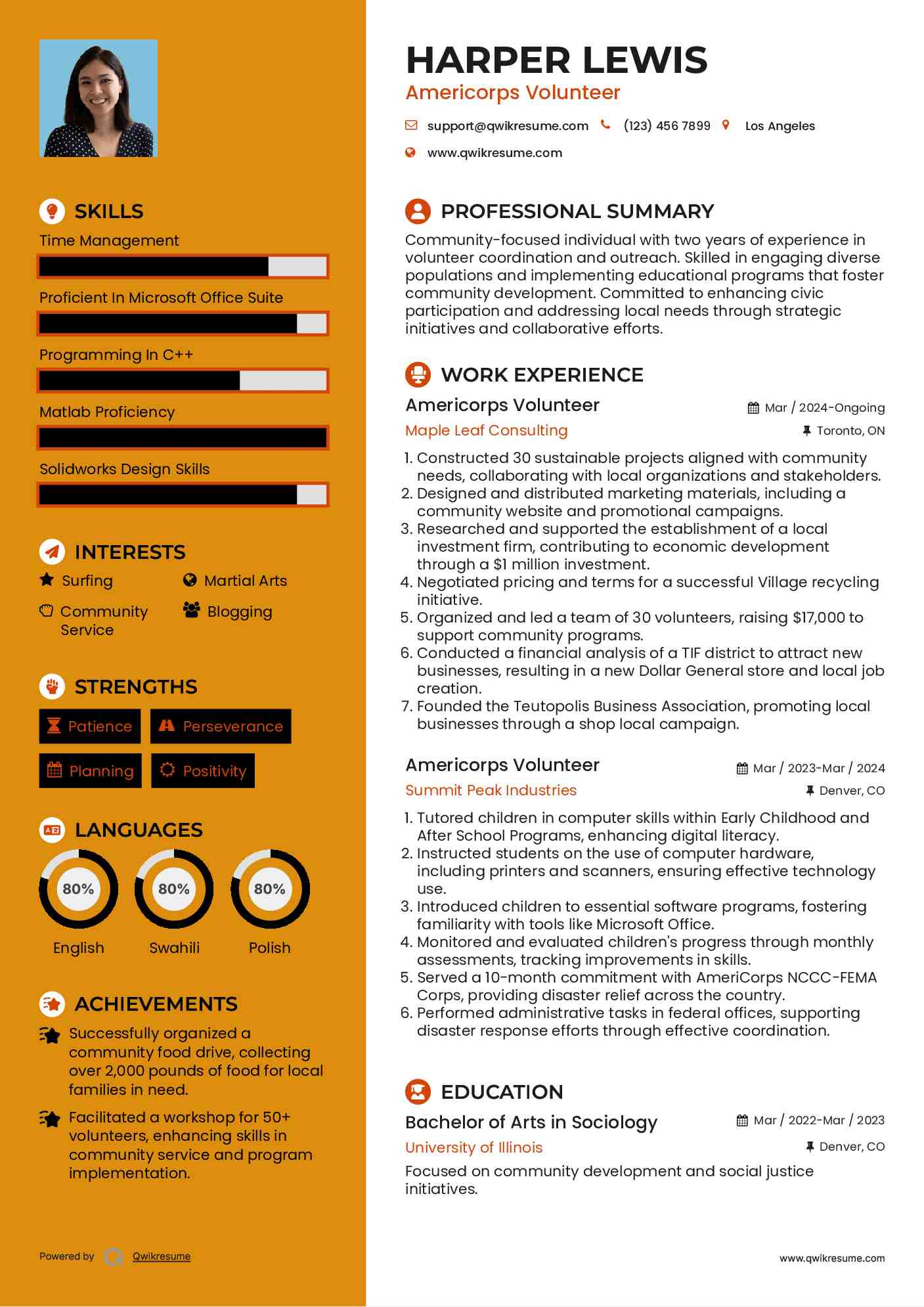 Americorps Volunteer Resume Example