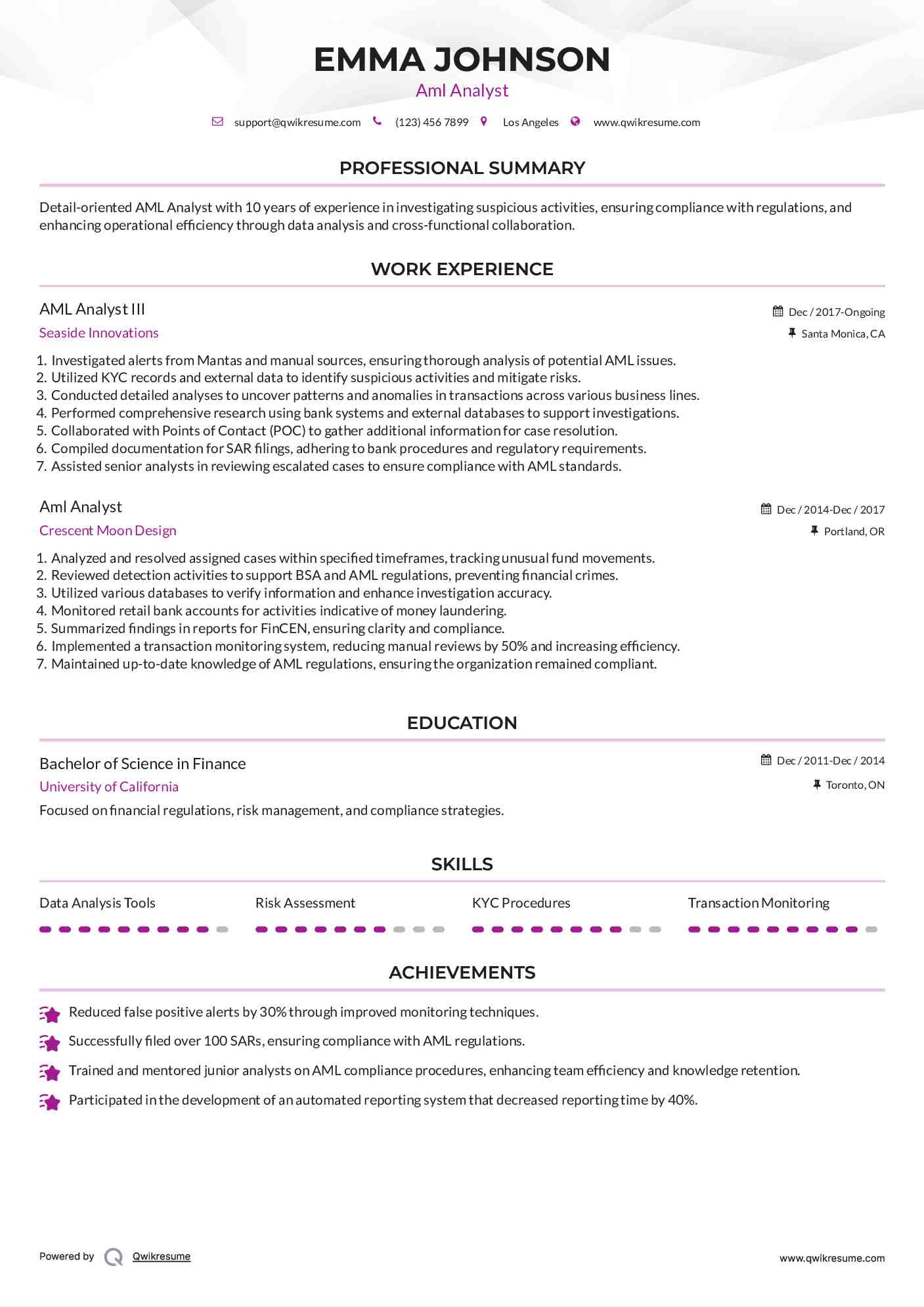 AML Analyst III Resume Sample