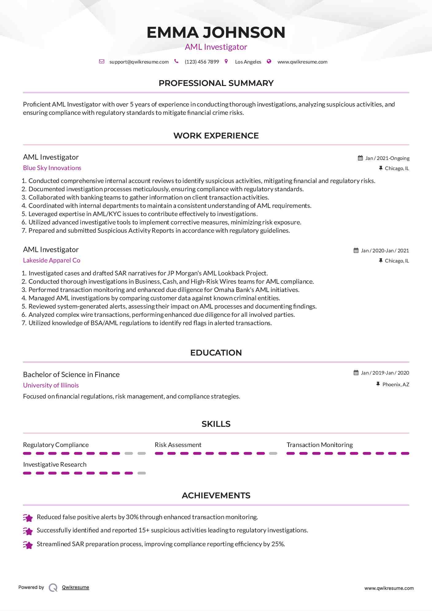 AML Investigator Resume Template