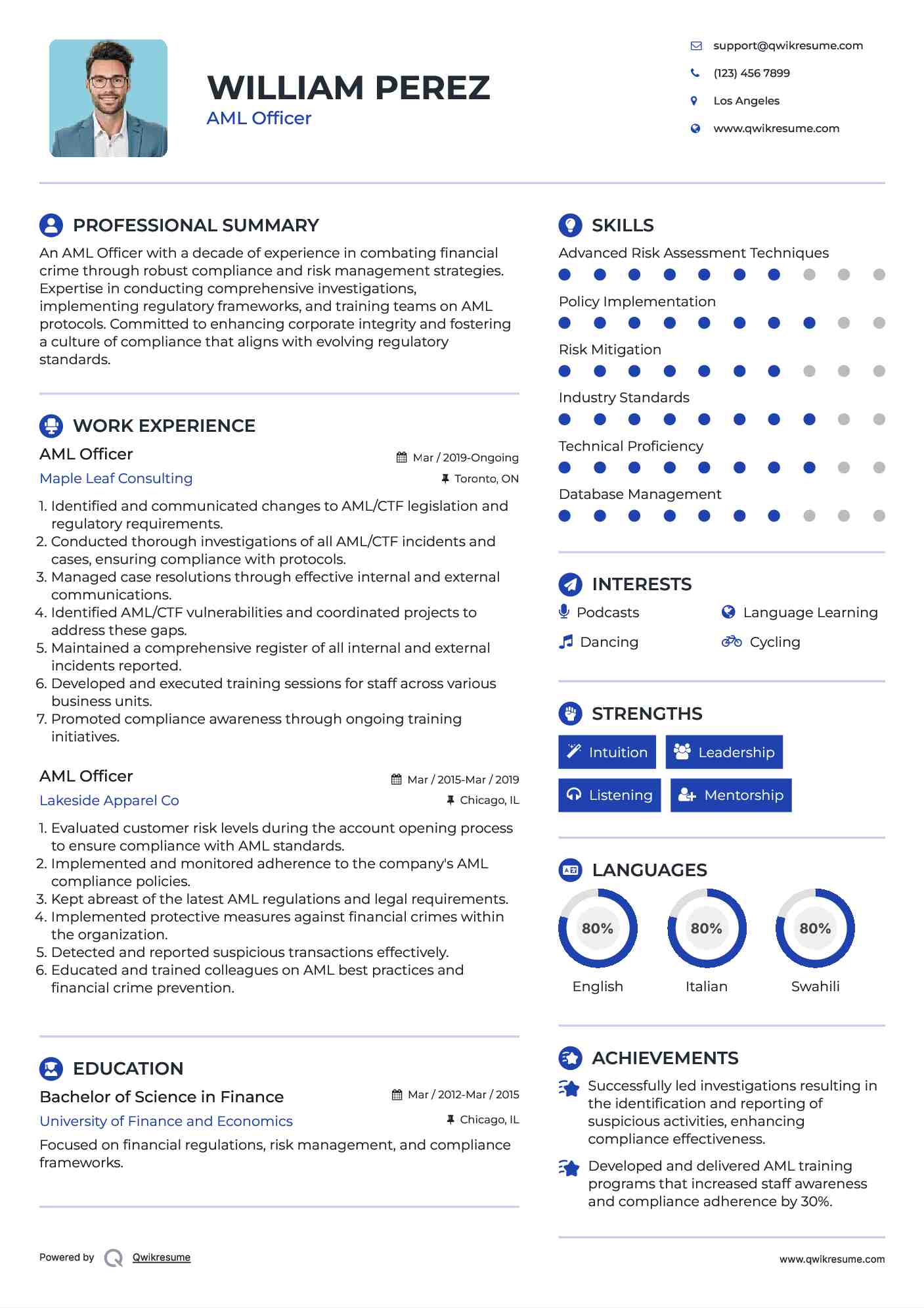 AML Officer Resume Format