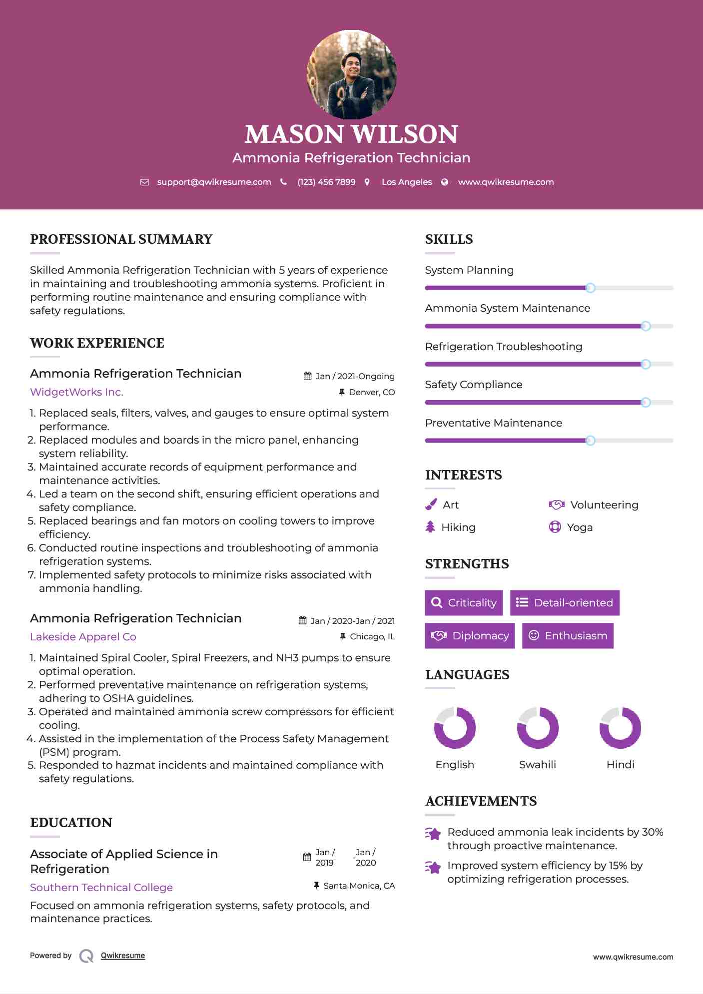 Ammonia Refrigeration Technician Resume Samples QwikResume