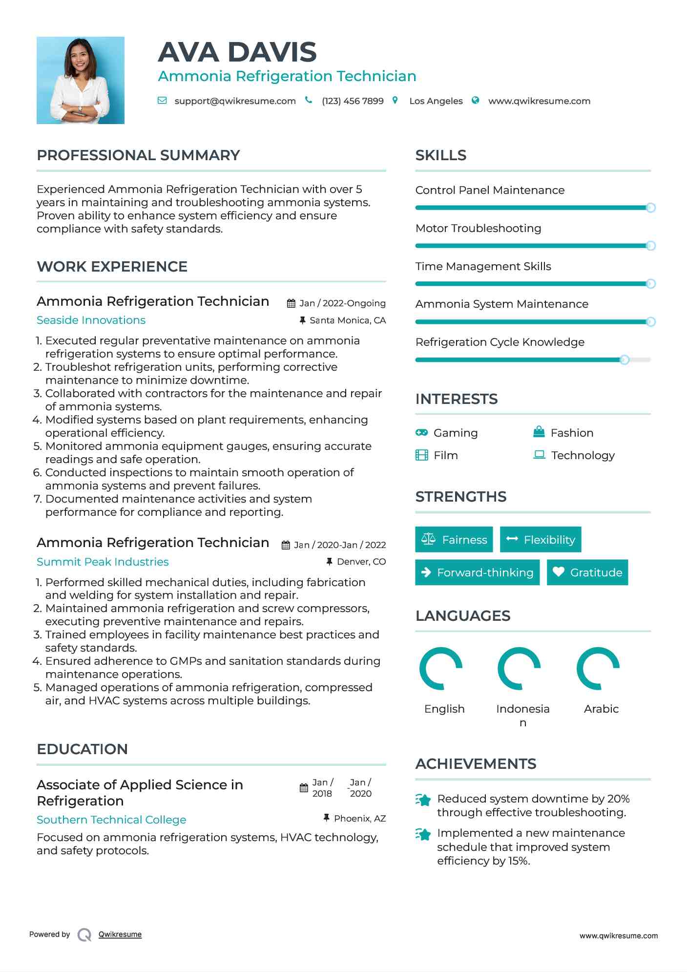 Ammonia Refrigeration Technician Resume Sample