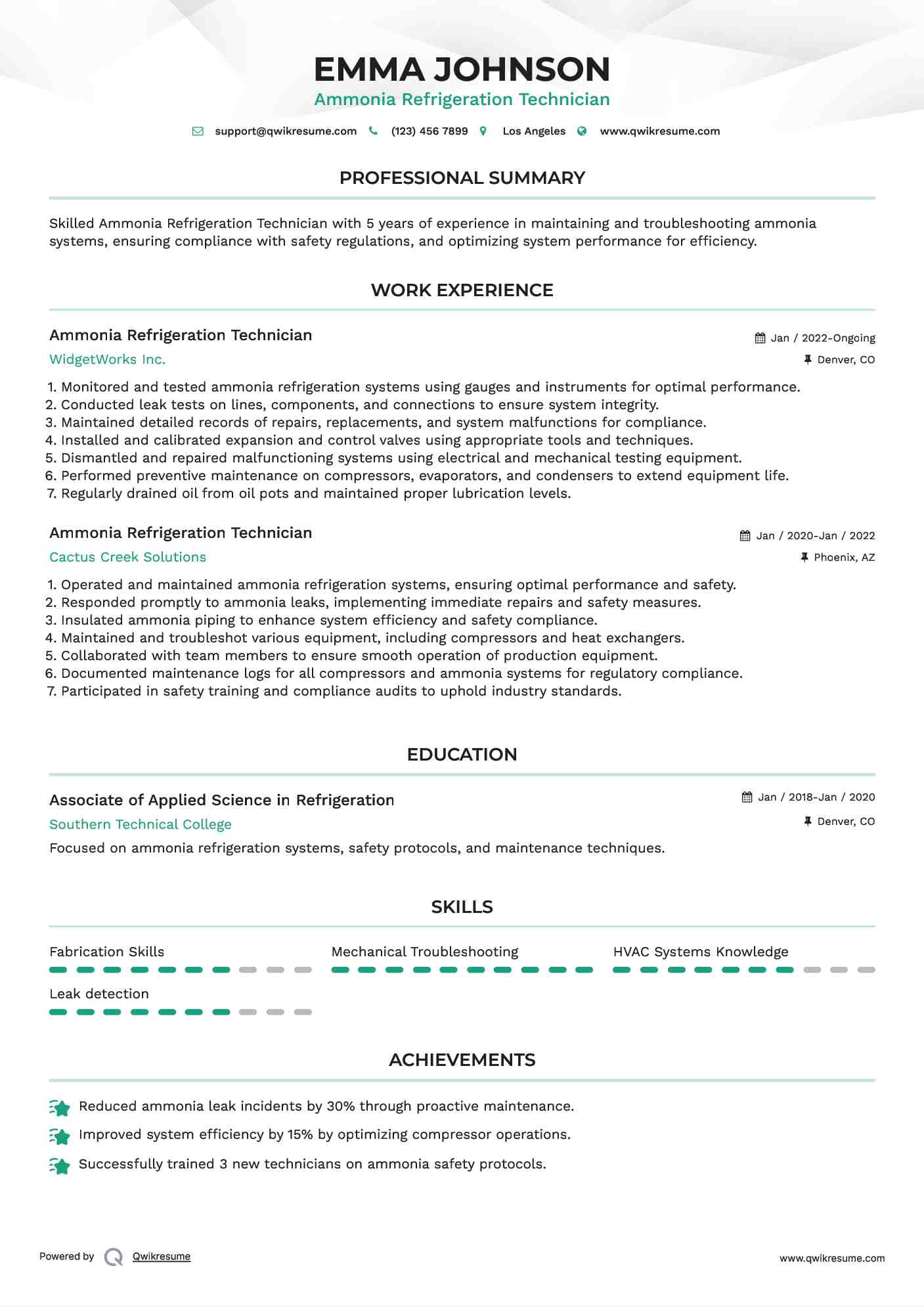 Ammonia Refrigeration Technician Resume Example