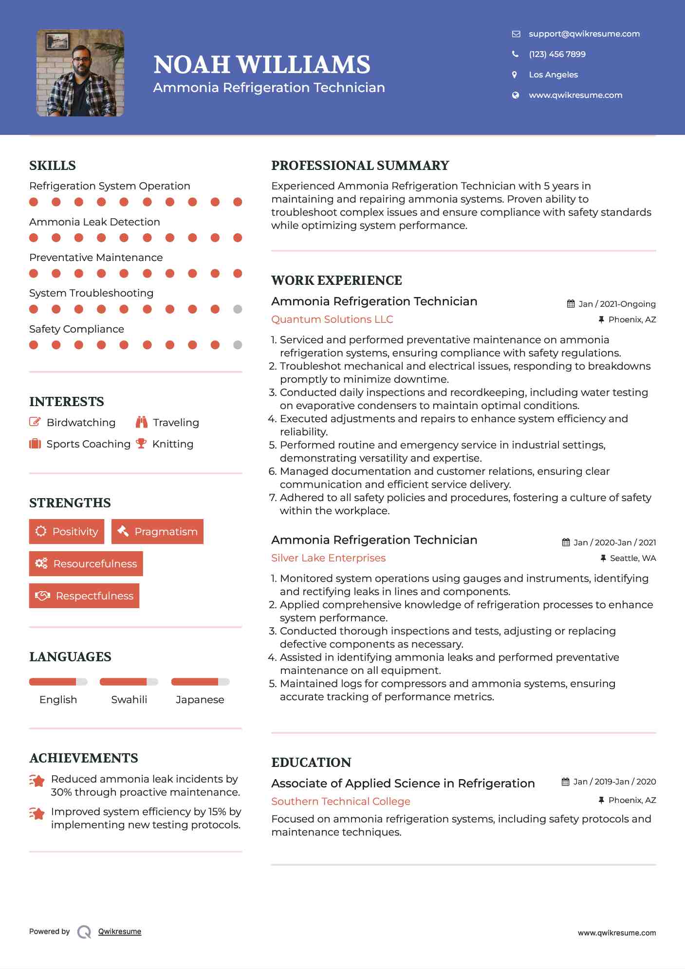 Ammonia Refrigeration Technician Resume Template