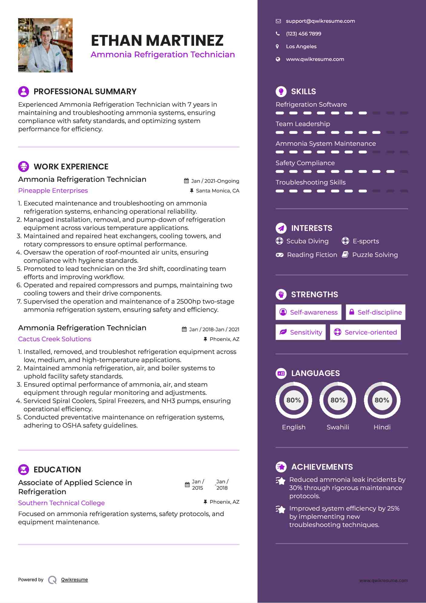 Ammonia Refrigeration Technician Resume Sample