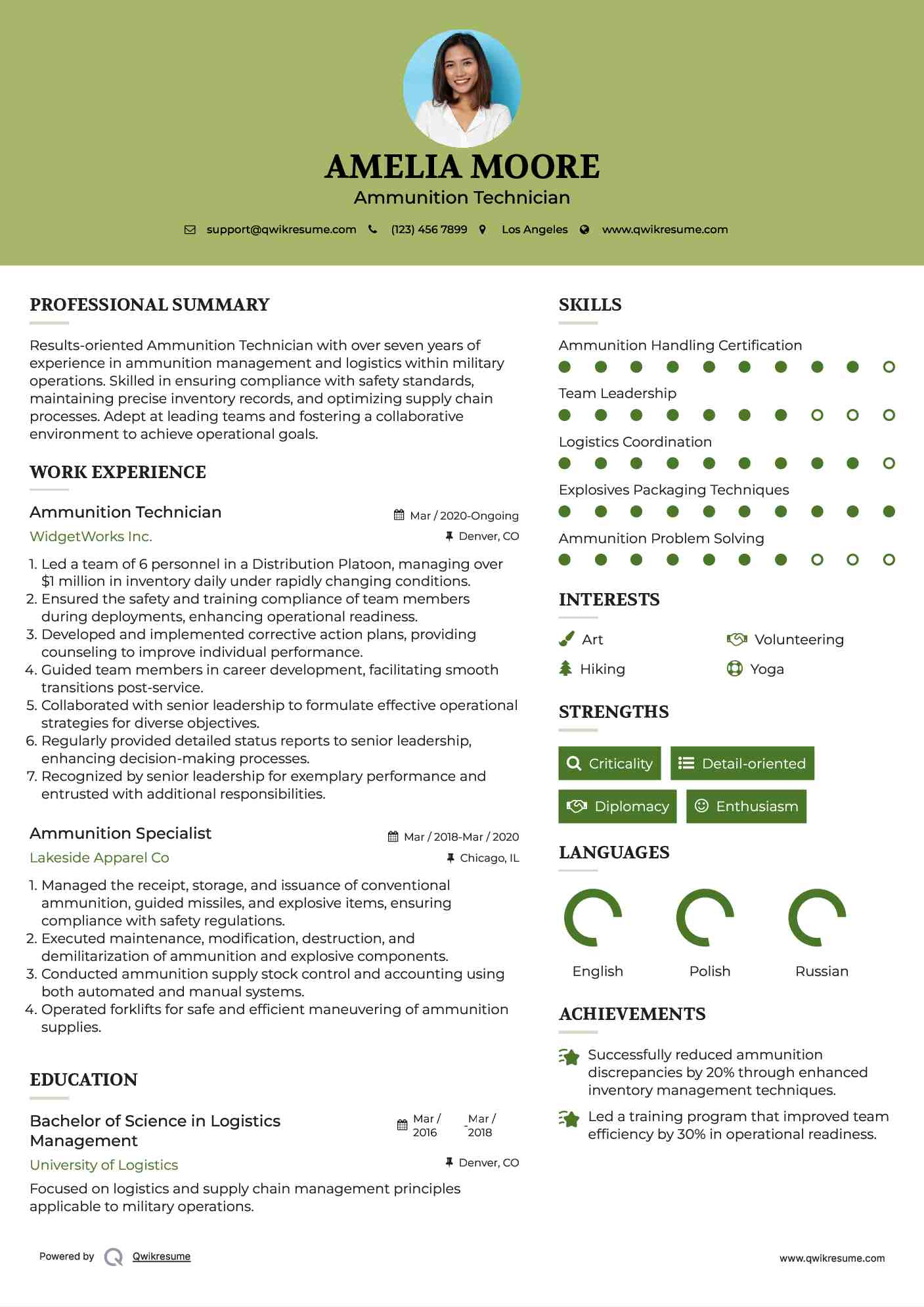 Ammunition Technician Resume Sample