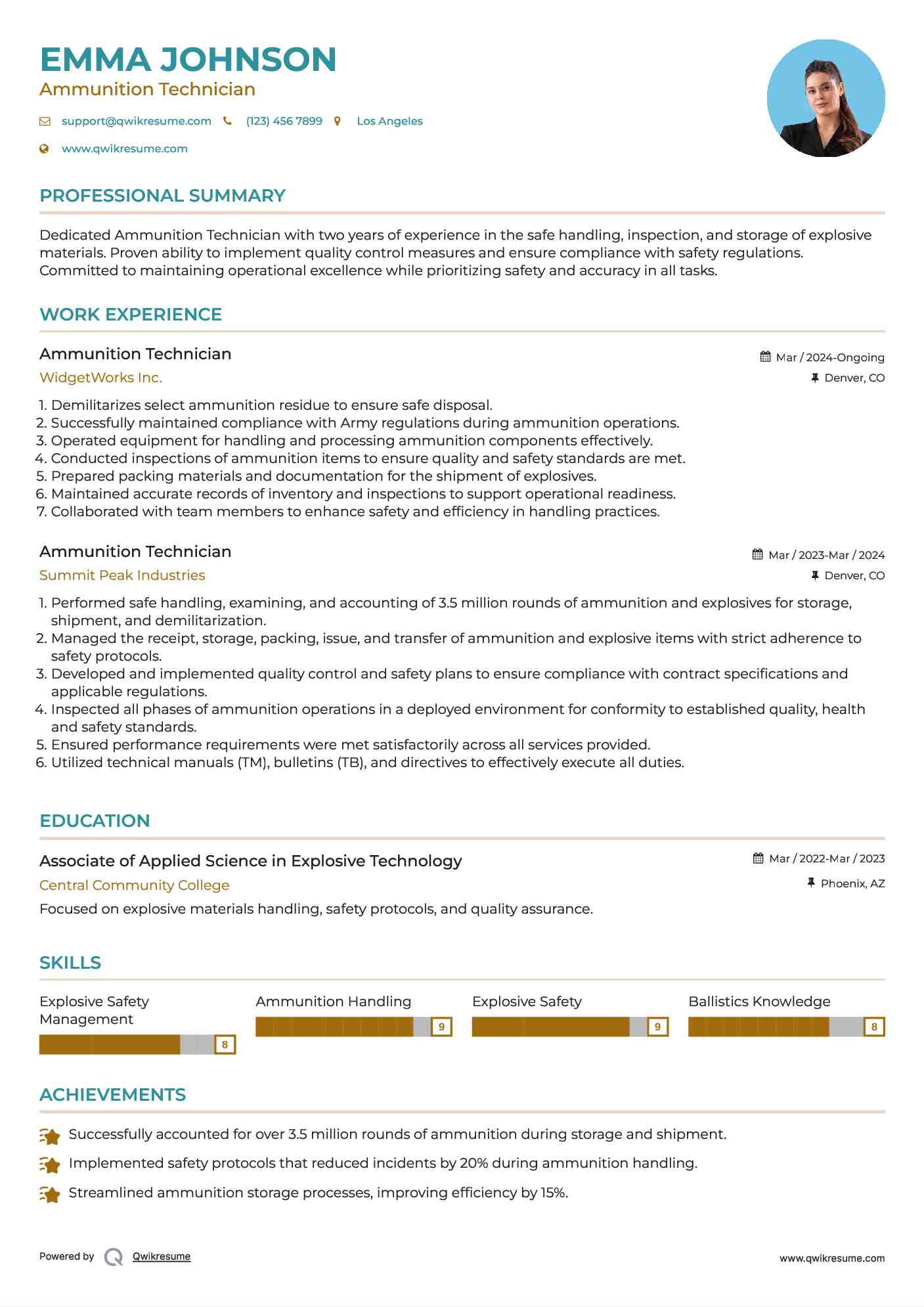 Ammunition Technician Resume Sample