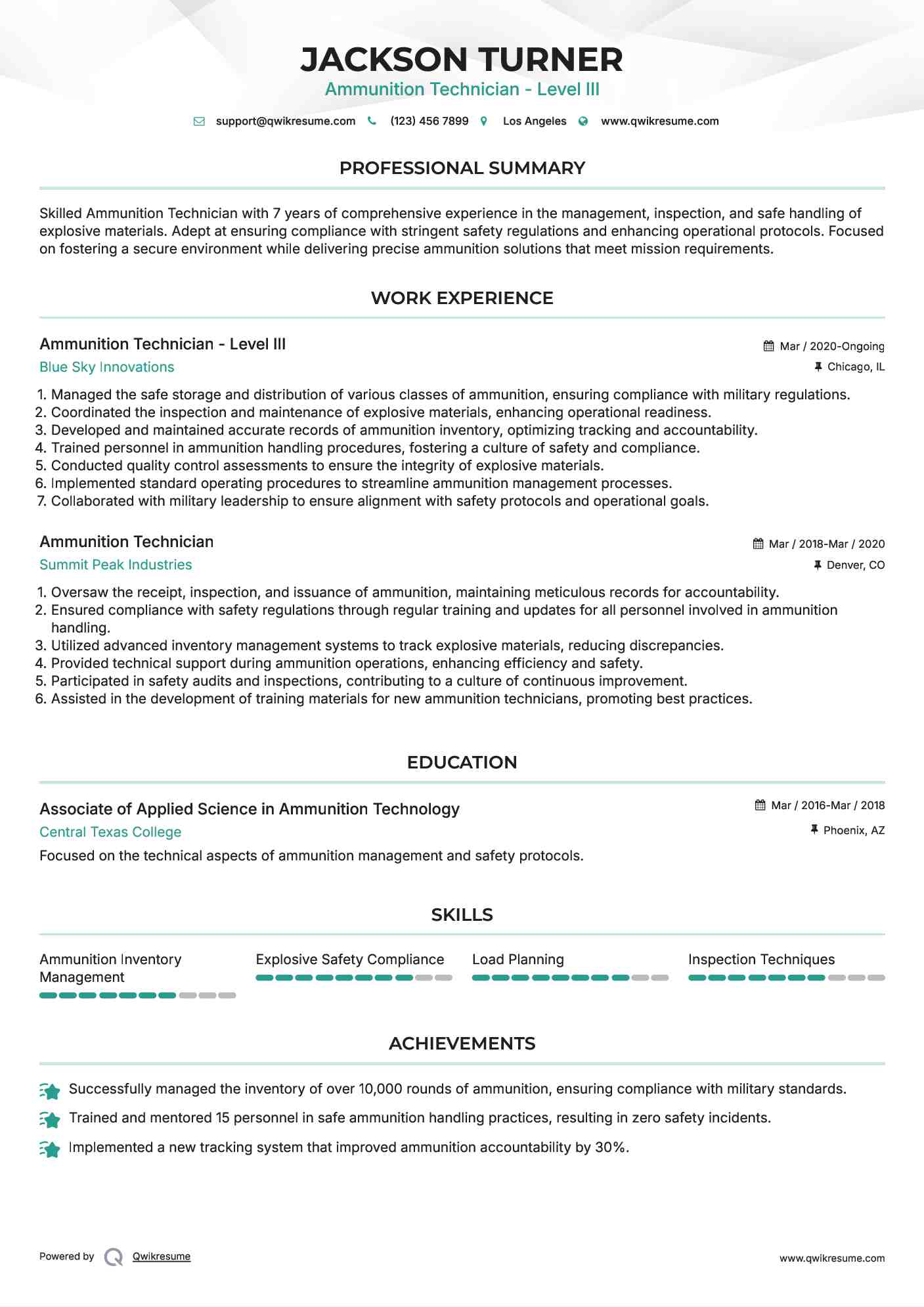Ammunition Technician - Level III Resume Model