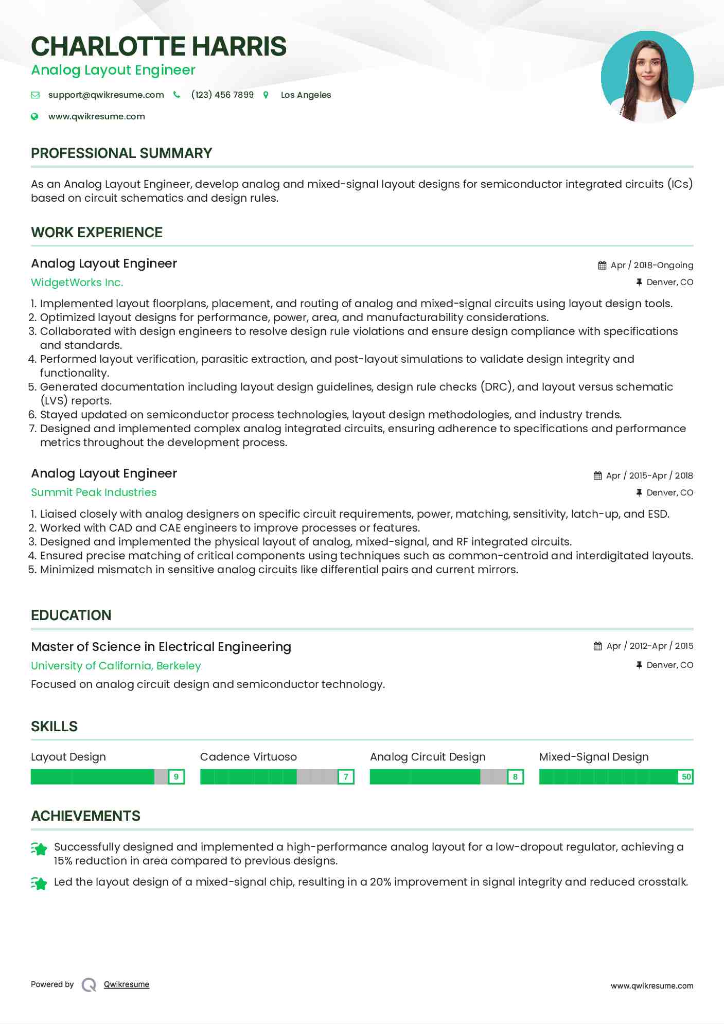 Analog Layout Engineer Resume Sample