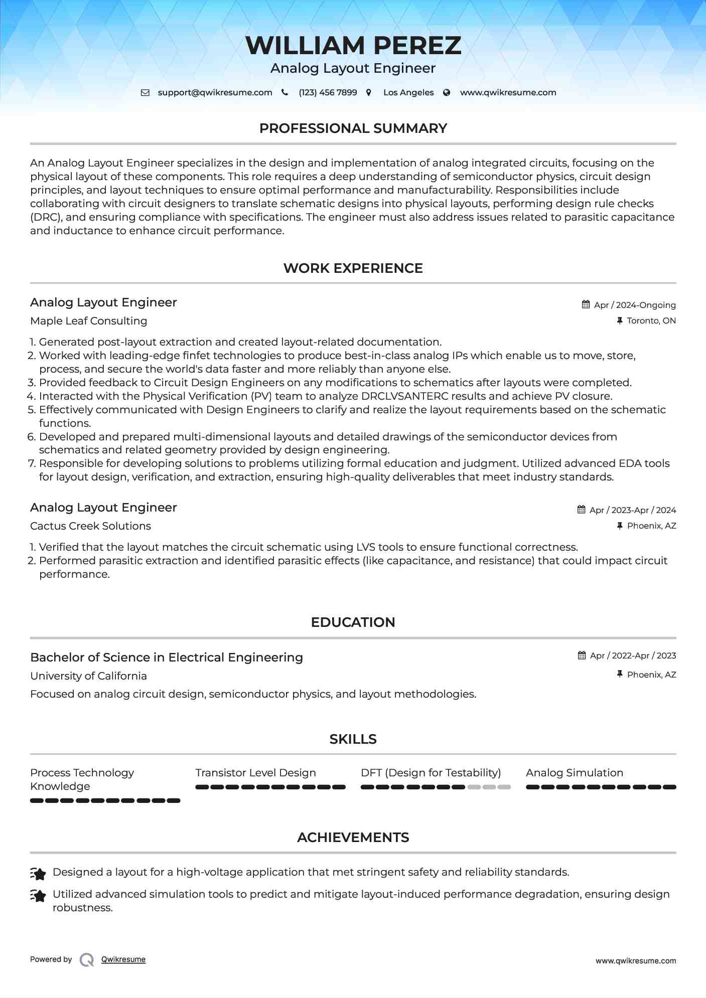 Analog Layout Engineer Resume Template