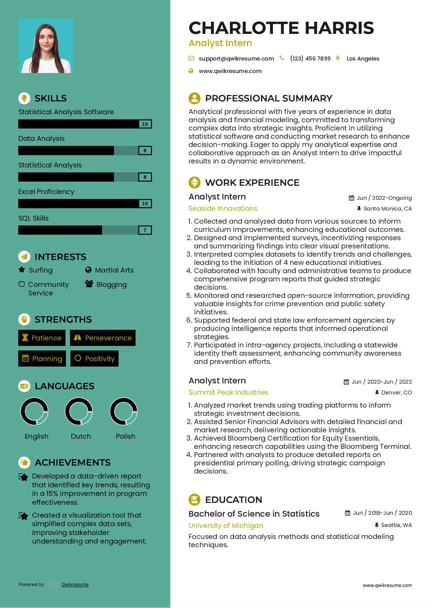 Analyst Intern Resume Example