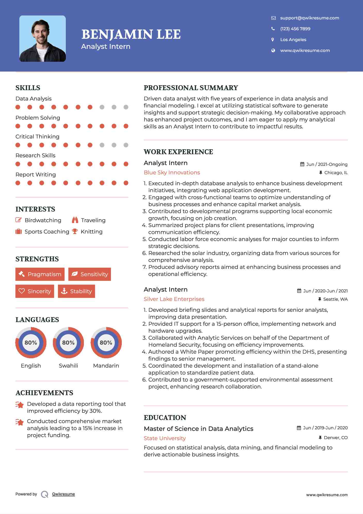 Analyst Intern Resume Example