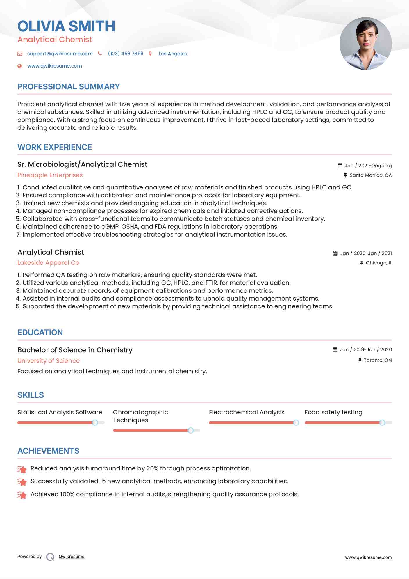 Analytical Chemist Resume Samples Qwikresume