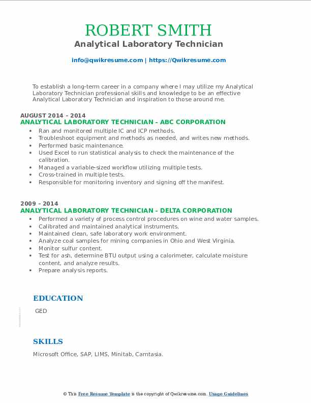 Analytical Laboratory Technician Resume Samples QwikResume