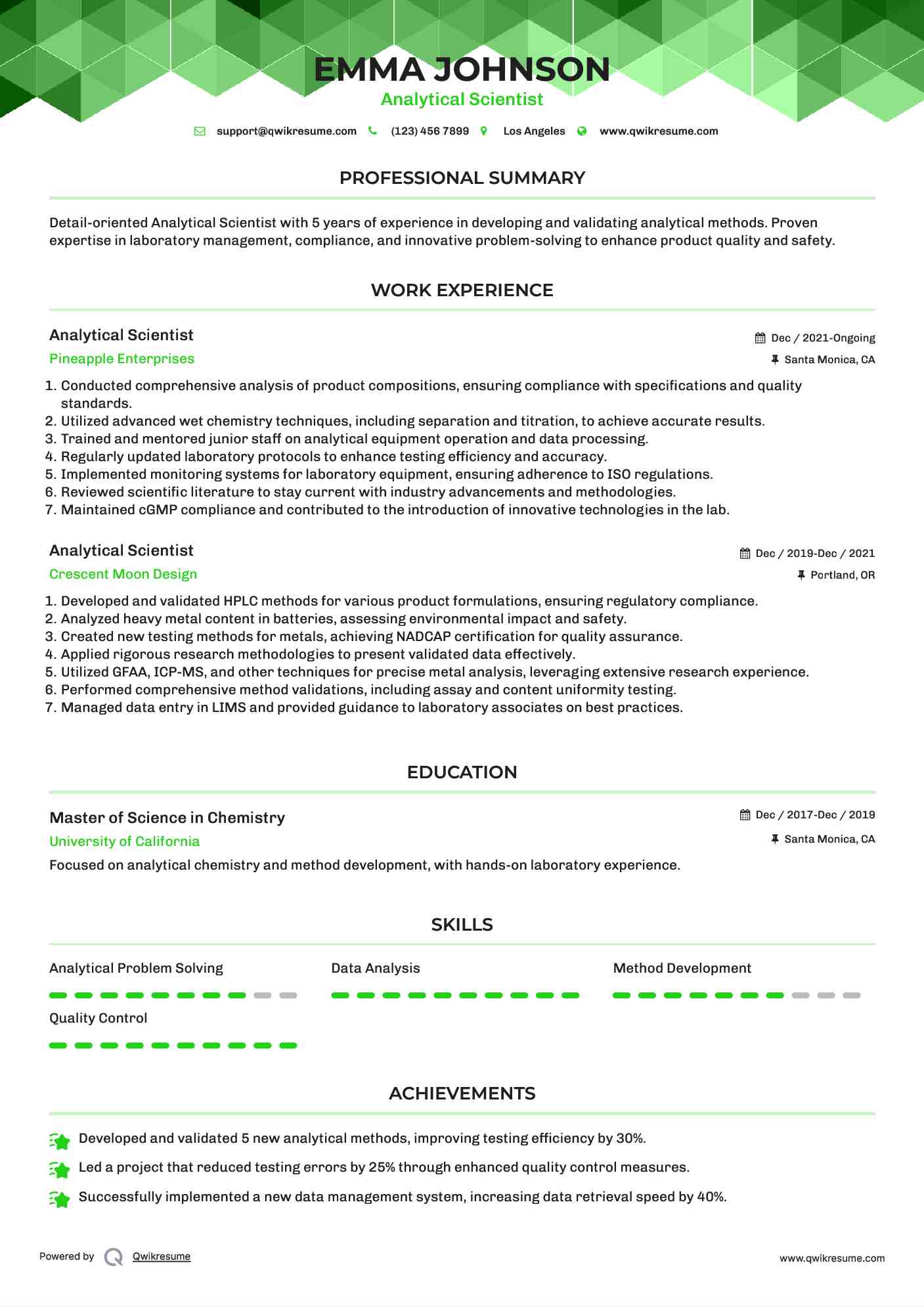 Analytical Scientist Resume Model