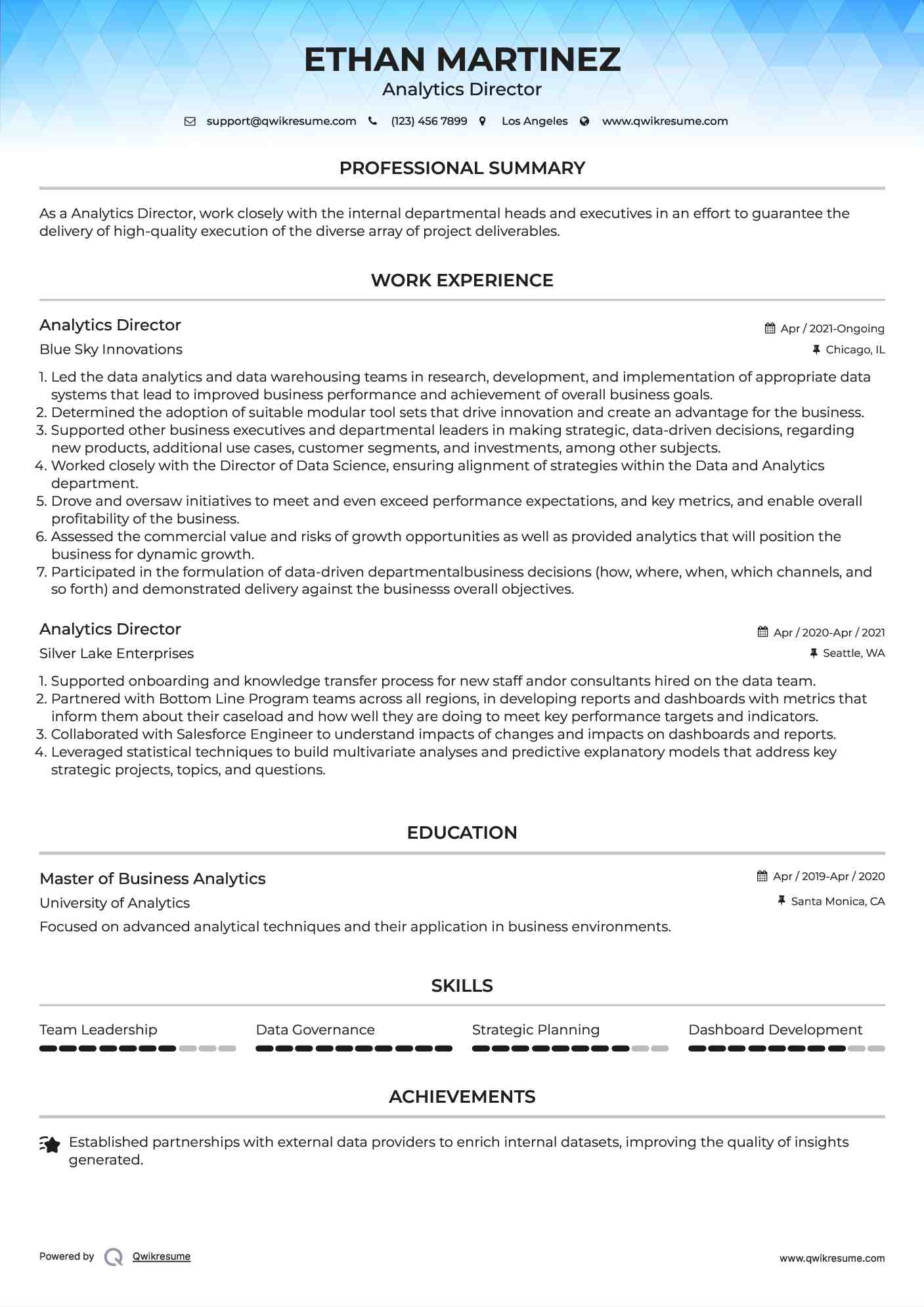 Analytics Director Resume Model