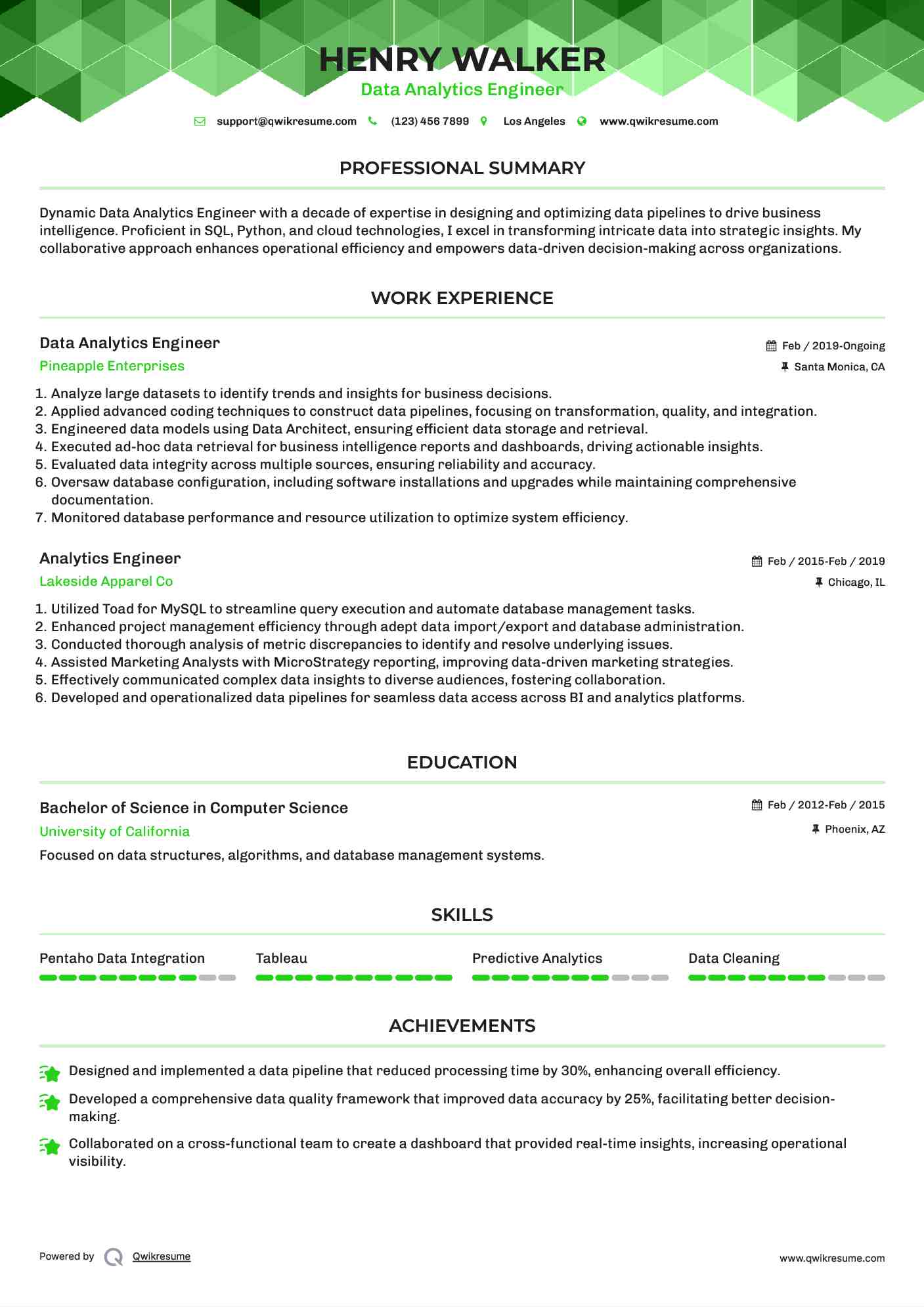 Data Analytics Engineer Resume Sample