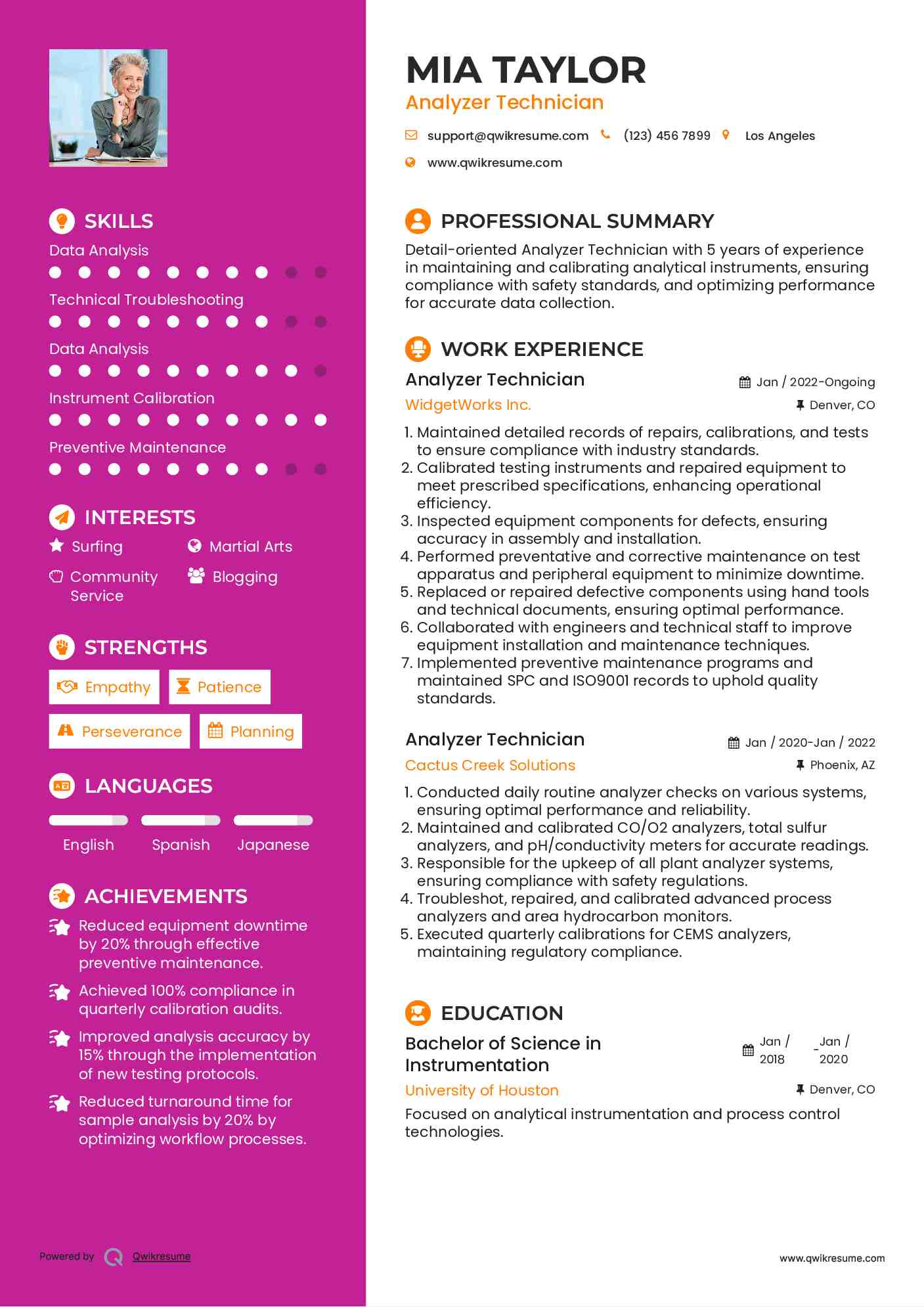 Analyzer Technician Resume Example