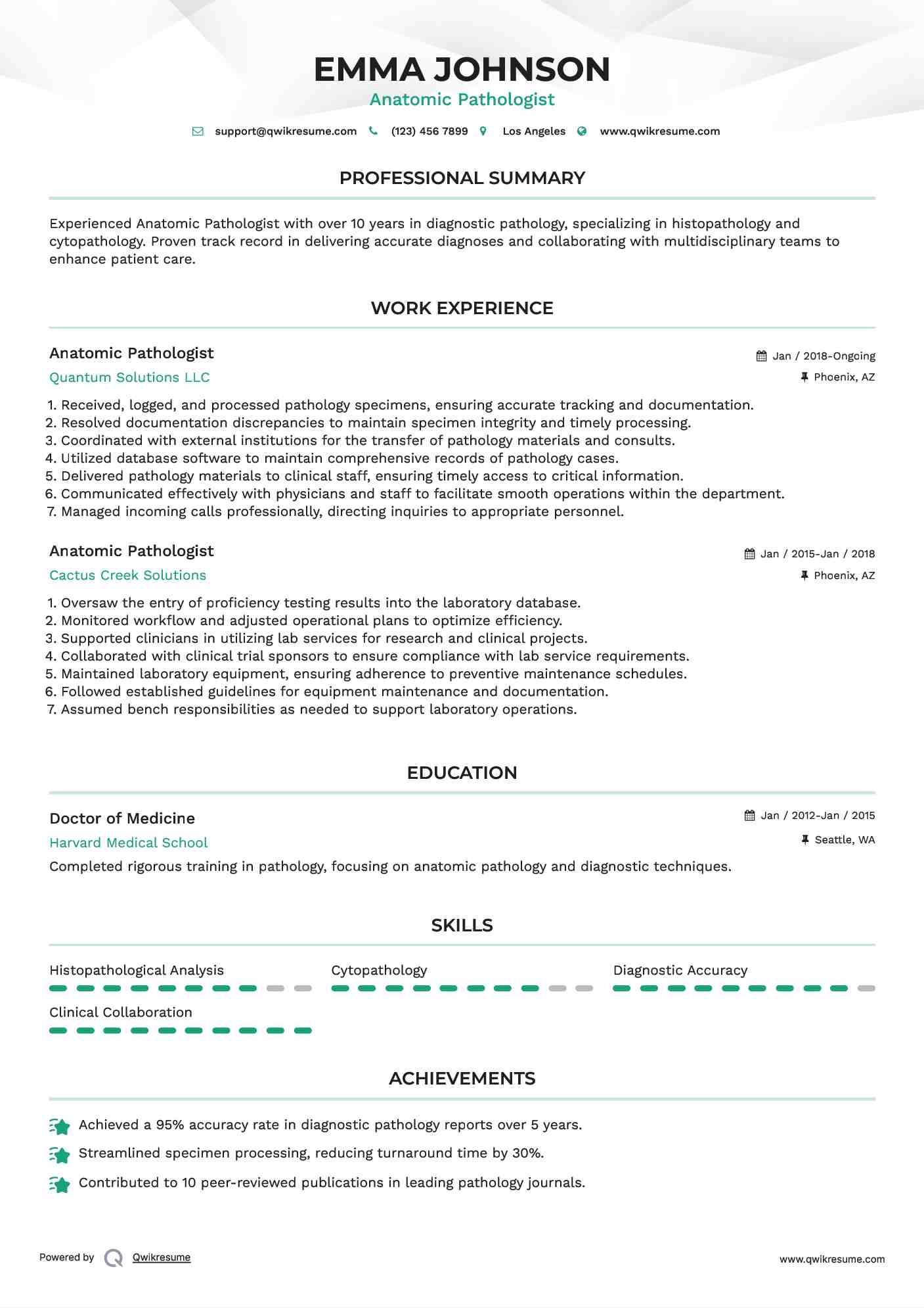 Anatomic Pathologist Resume Format