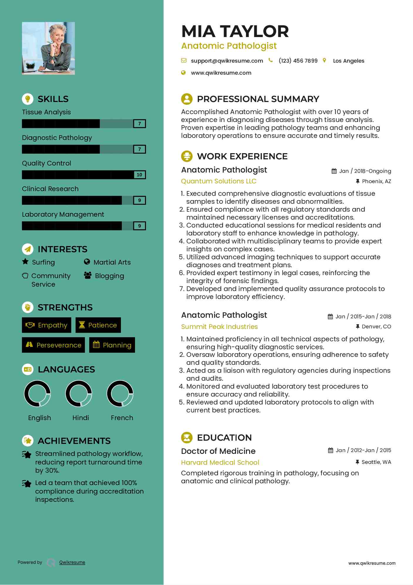 Anatomic Pathologist Resume Sample