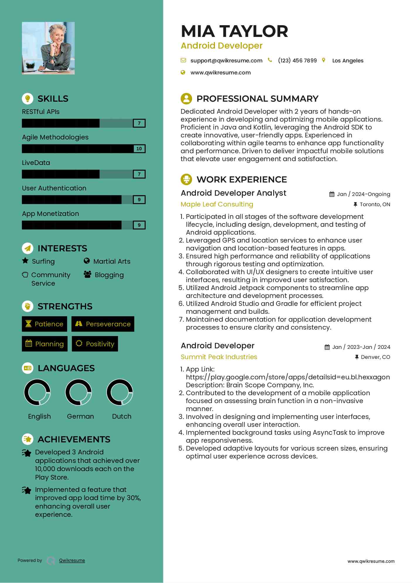 Android Developer Analyst Resume Example