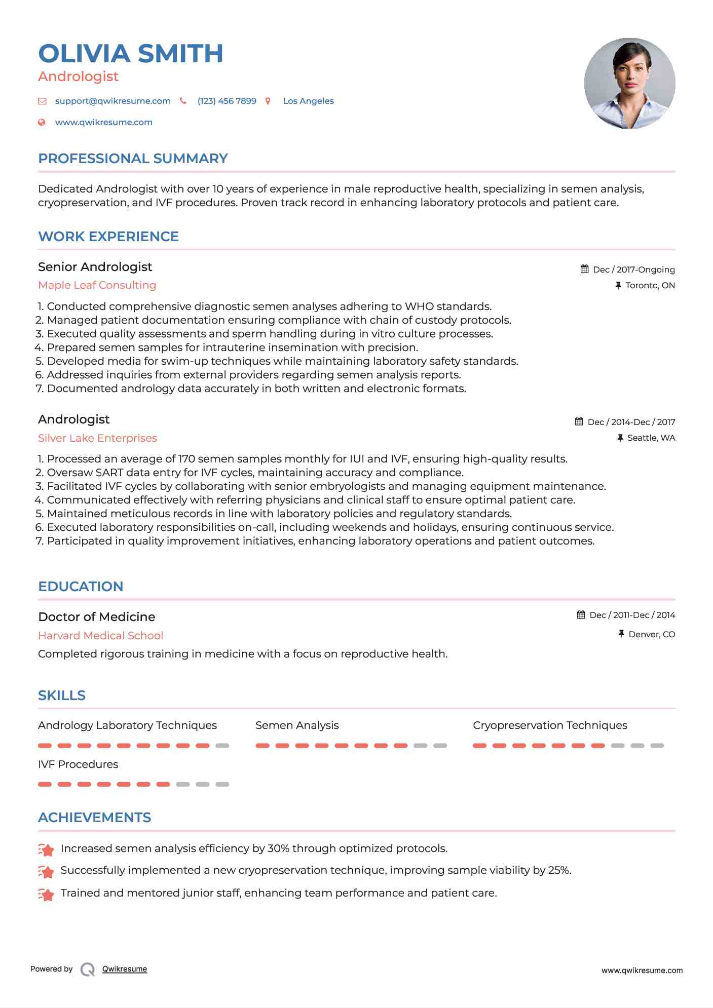 Senior Andrologist Resume Sample