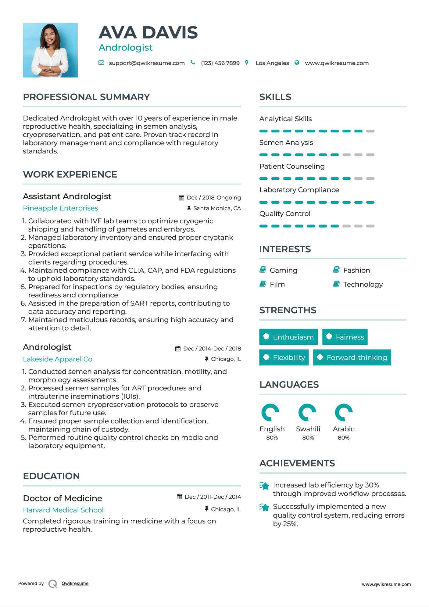 Assistant Andrologist Resume Format