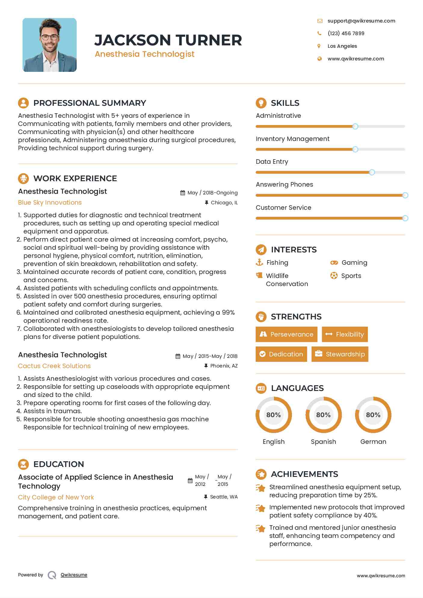 Anesthesia Technologist Resume Template
