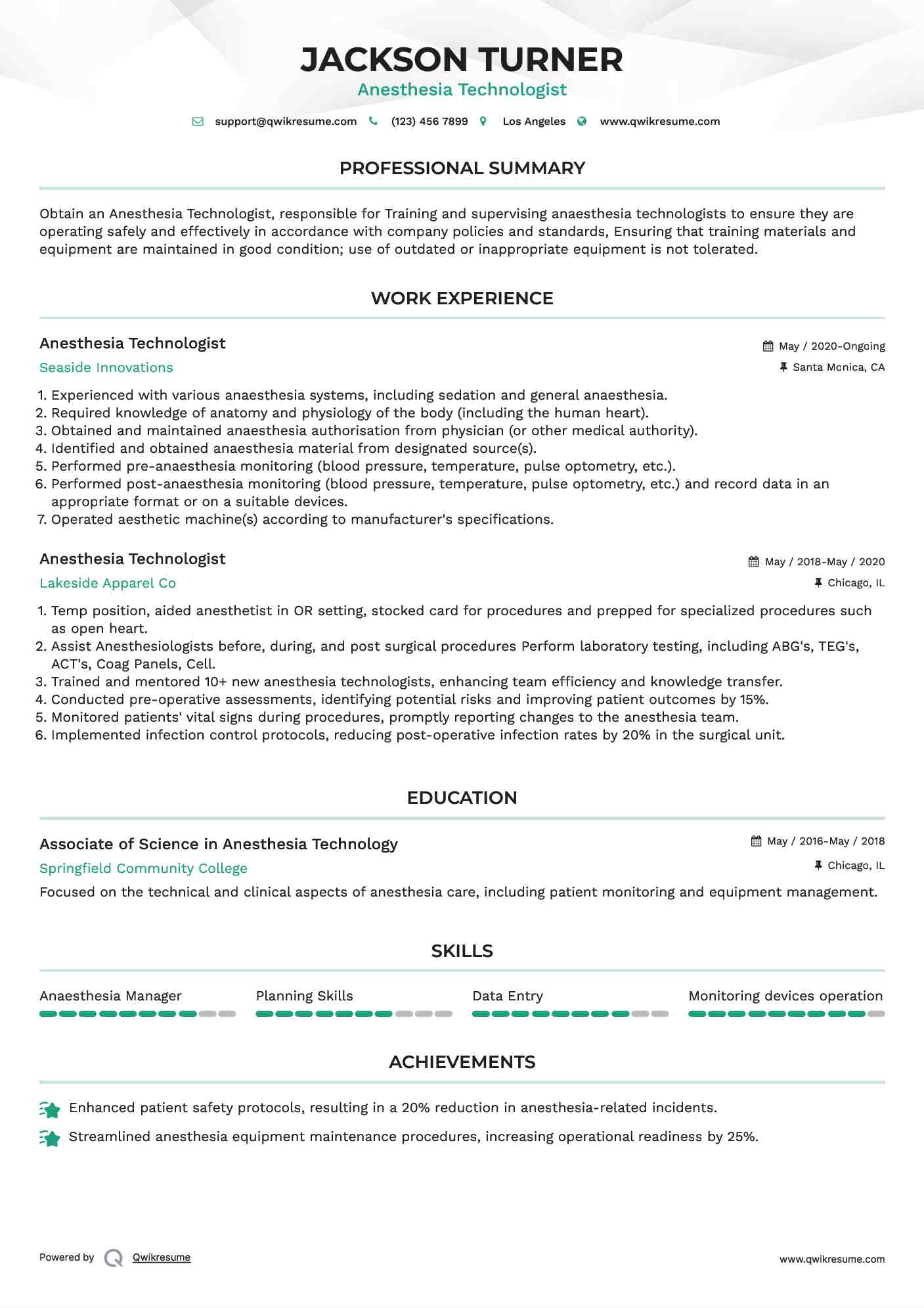 Anesthesia Technologist Resume Model