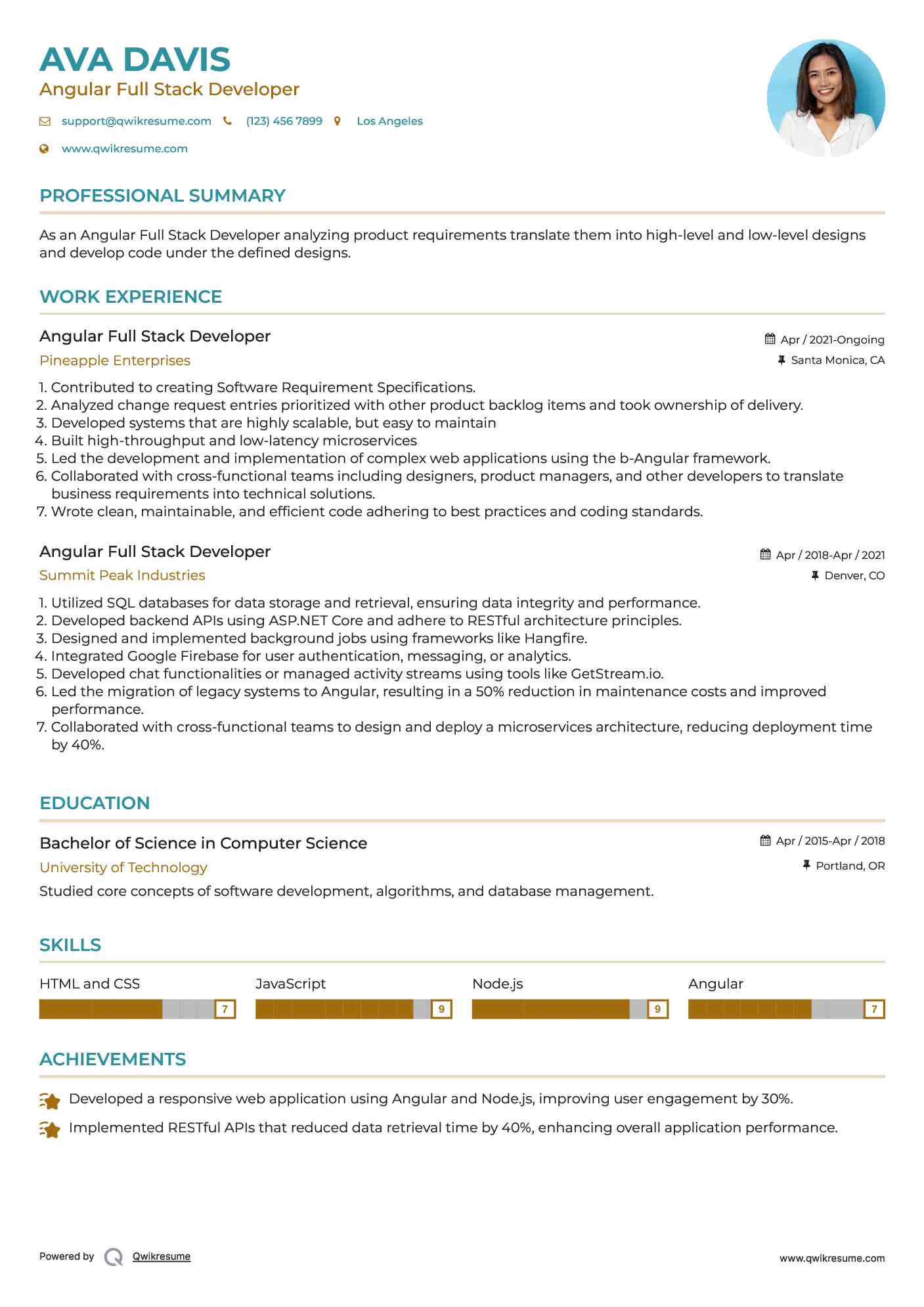 Angular Full Stack Developer  Resume Example