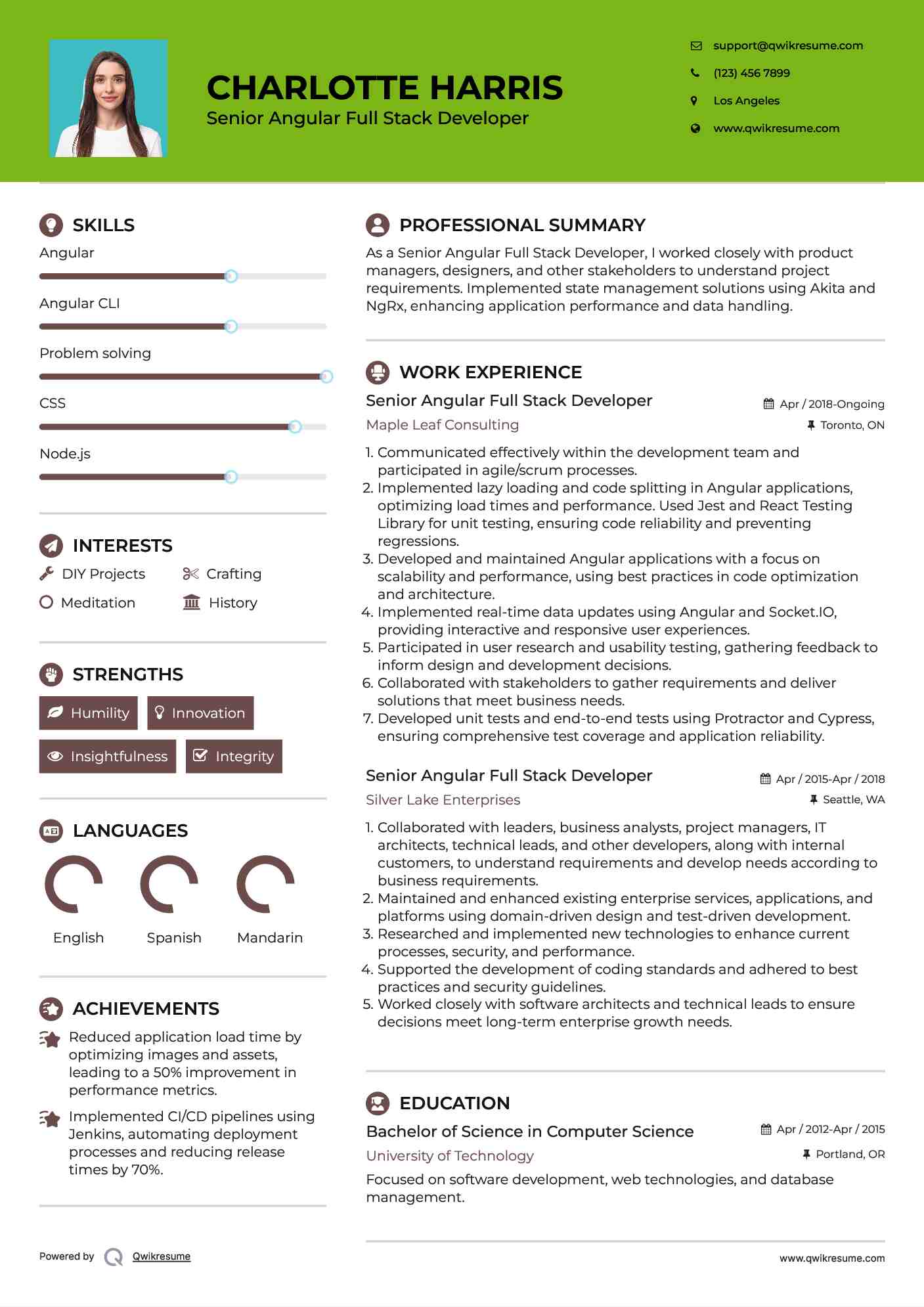 Senior Angular Full Stack Developer Resume Sample