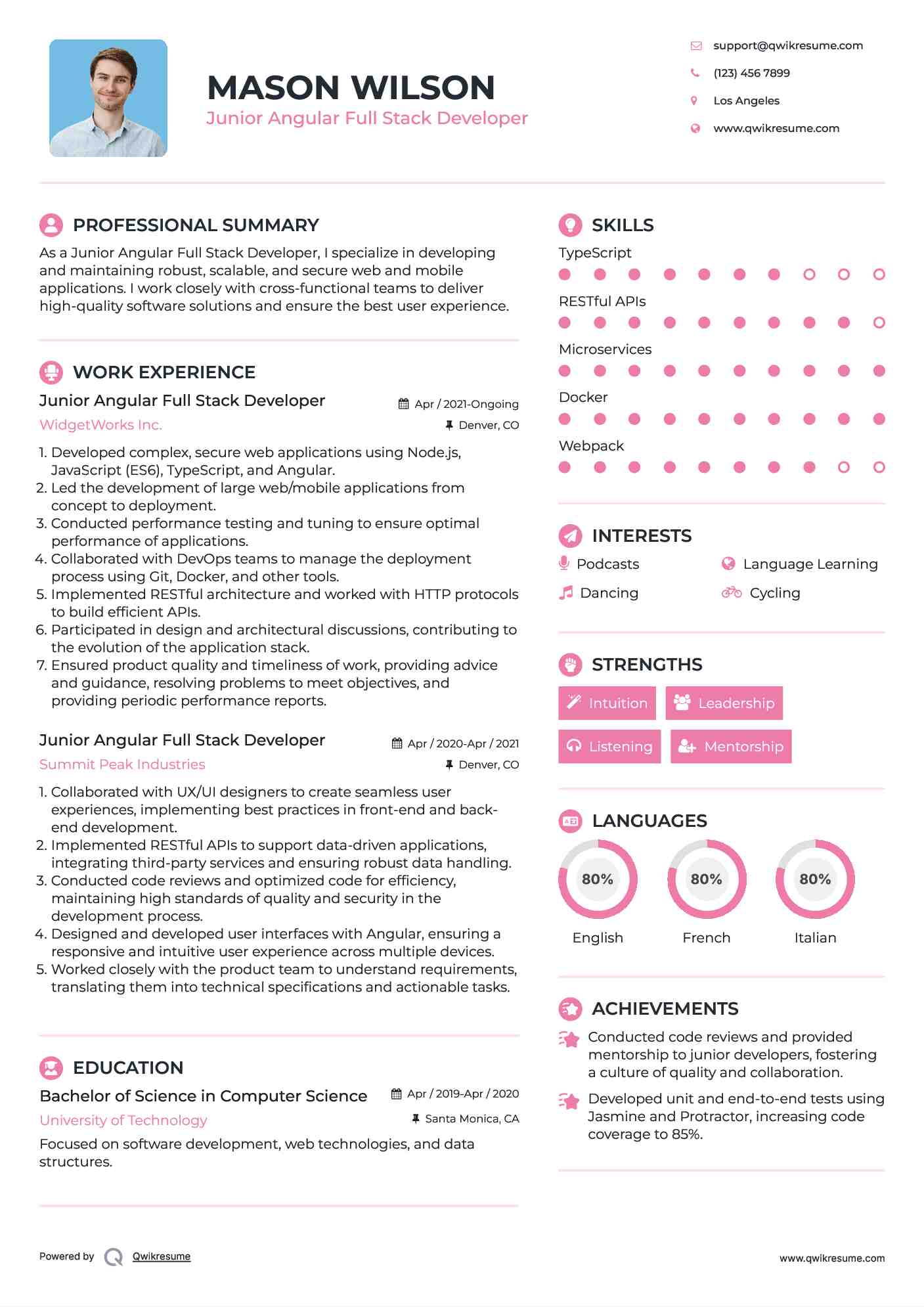 Junior Angular Full Stack Developer Resume Example