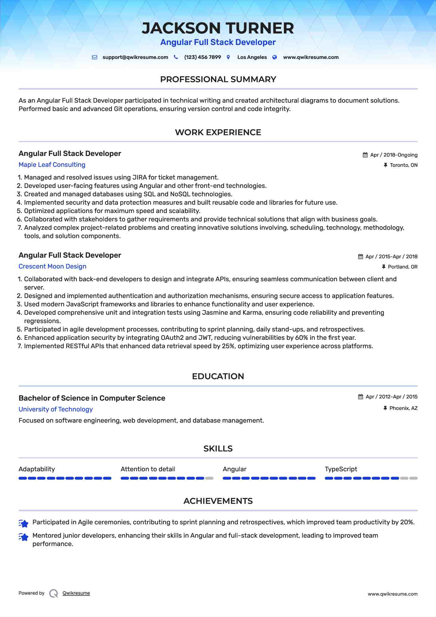Angular Full Stack Developer  Resume Model