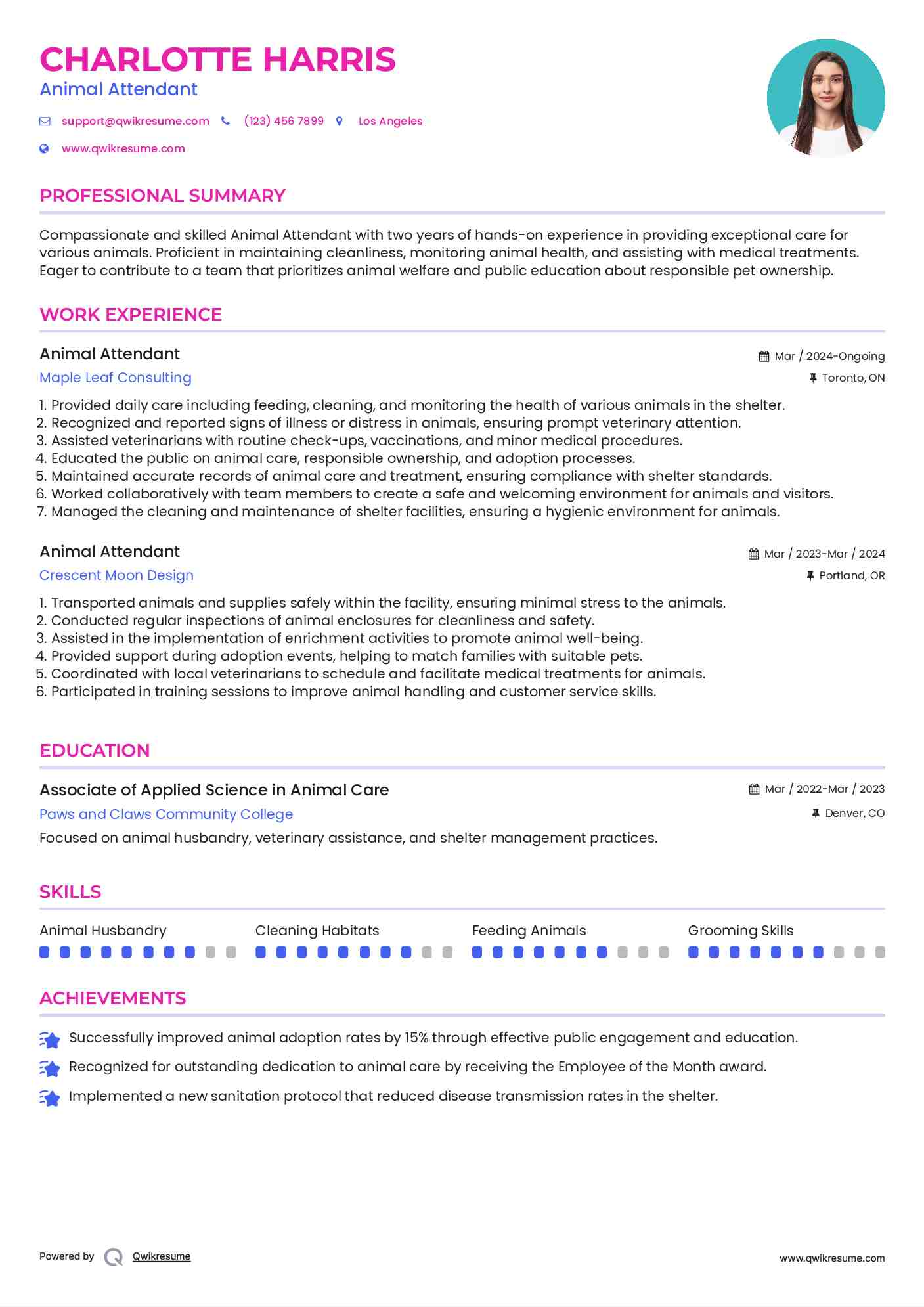 Animal Attendant Resume Format