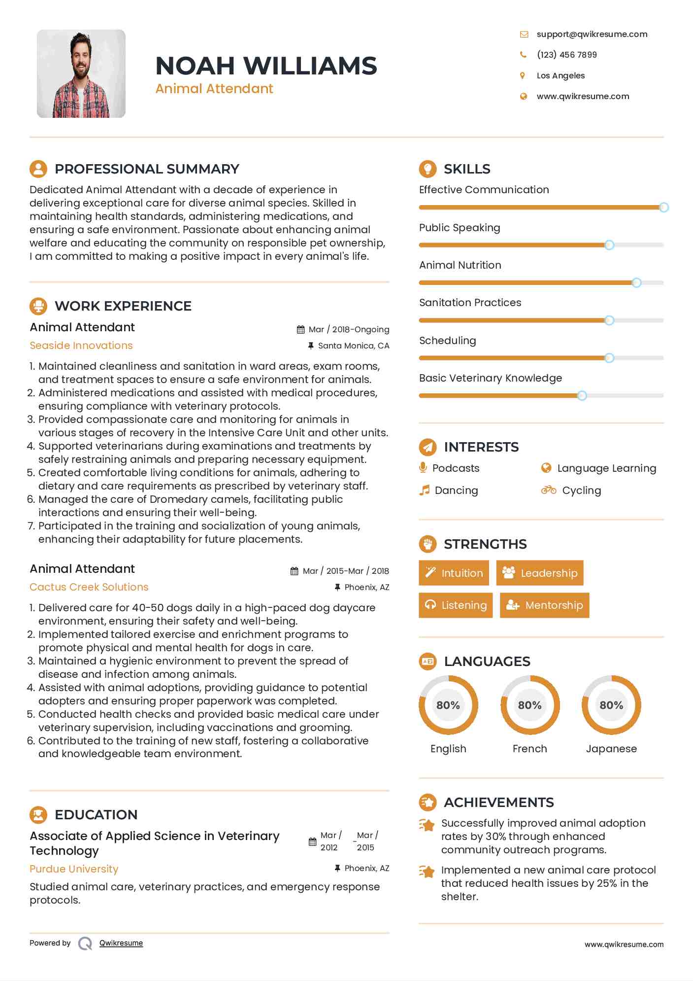 Animal Attendant Resume Template