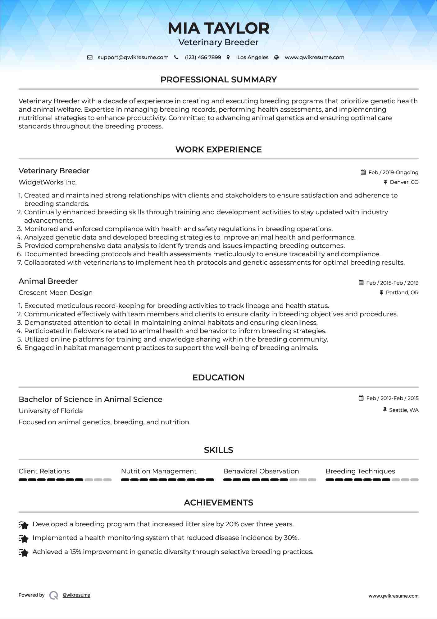 Veterinary Breeder Resume Sample