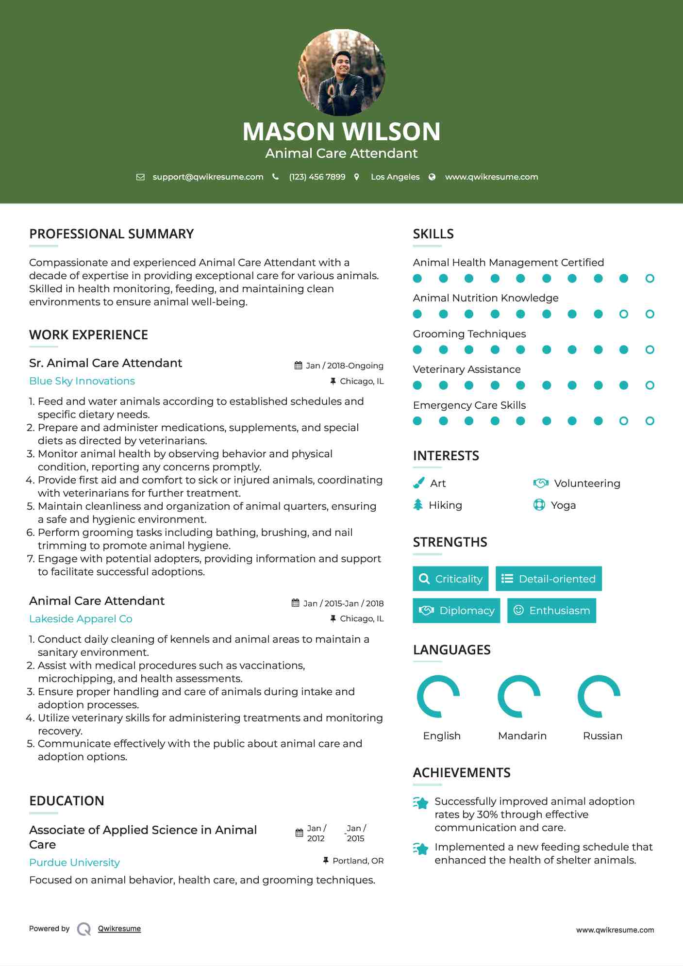 Sr. Animal Care Attendant Resume Sample