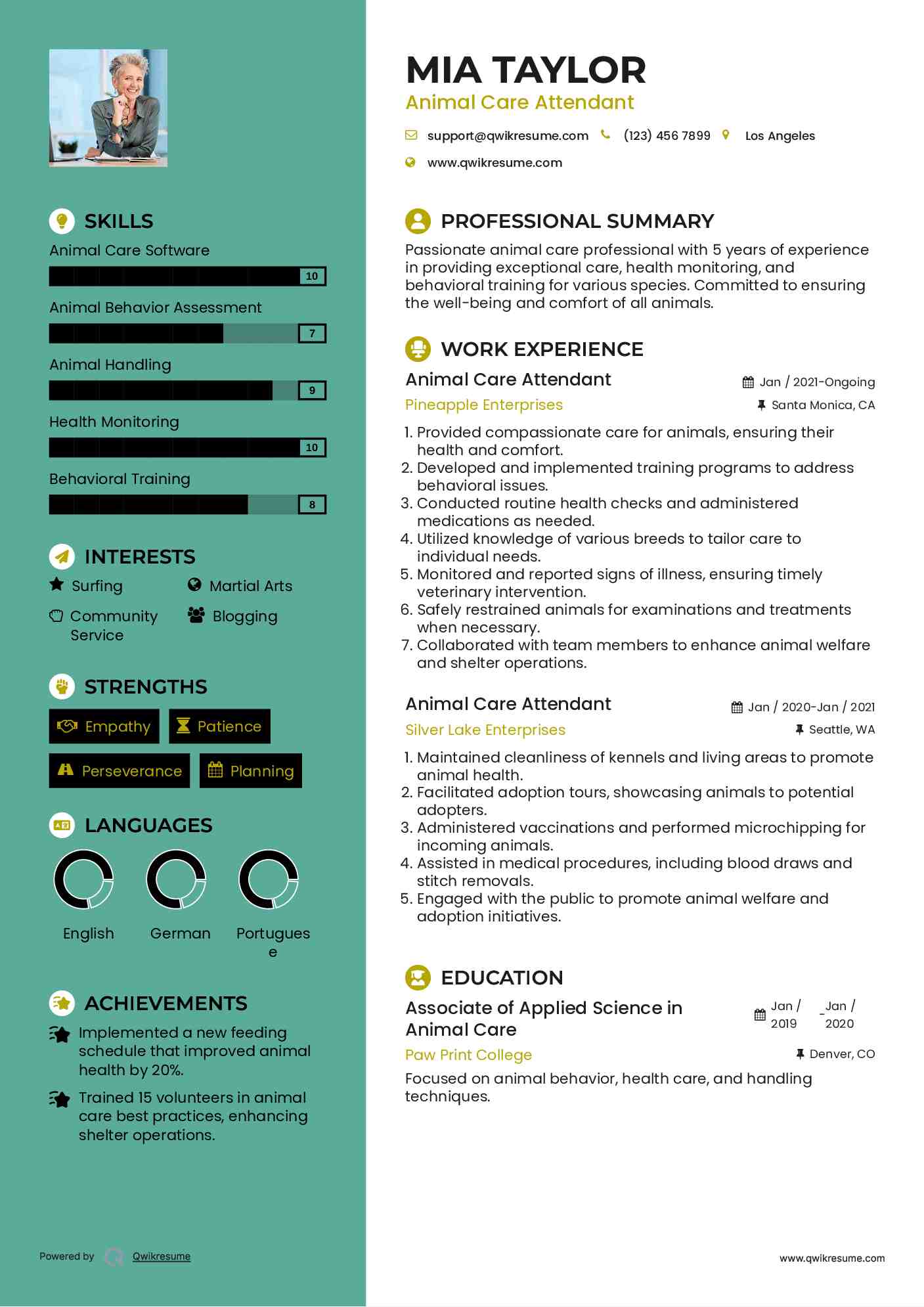 Animal Care Attendant Resume Template
