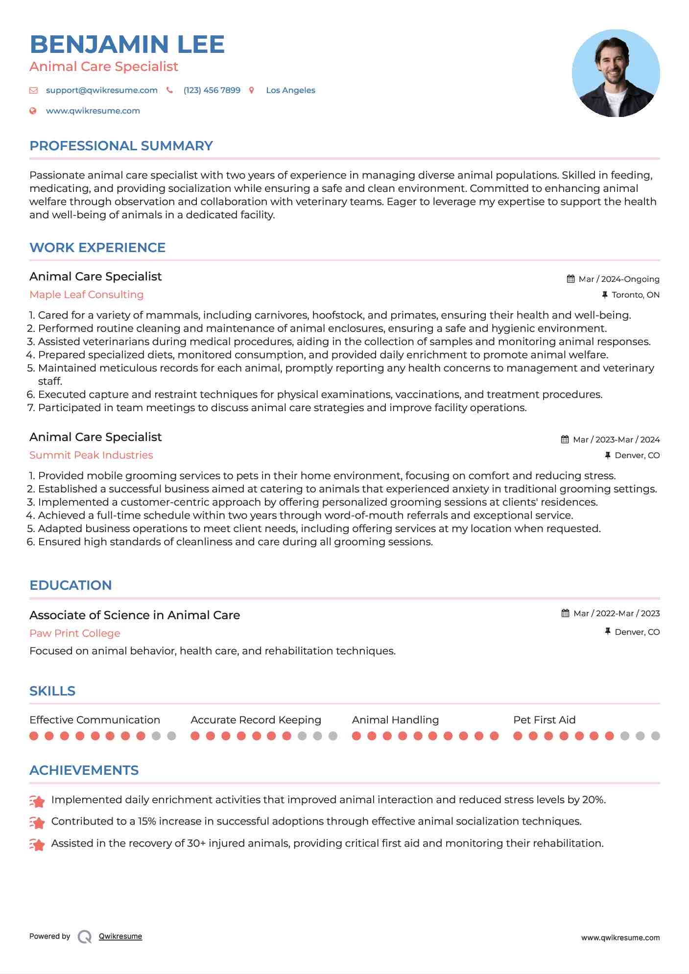 Animal Care Specialist Resume Model